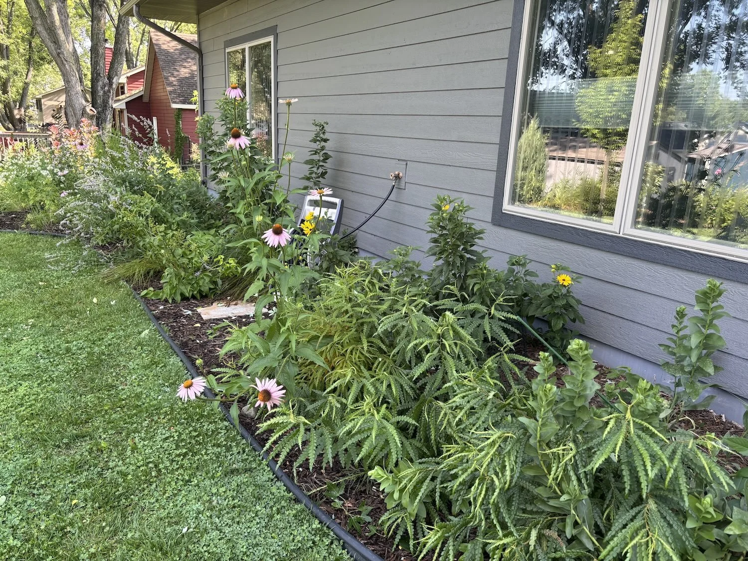 edible landscape design with fruit trees, herbs, and native flowers in a backyard garden