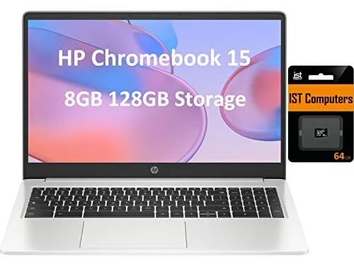 HP Chromebook 15 15.6" HD (Intel Pentium N6000, 8GB RAM, 128GB Storage (64GB eMMc + 64GB SD Card), UHD Graphics, Numeric KB) Home & Student Laptop, Anti-Glare, Webcam, Wi-Fi, Chrome OS, Silver