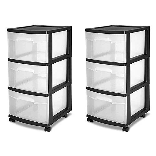 Sterilite 3 Drawer Storage Cart, Plastic Rolling Cart with Wheels to Organize Clothes in Bedroom, Closet, Black with Clear Drawers, 2-Pack
