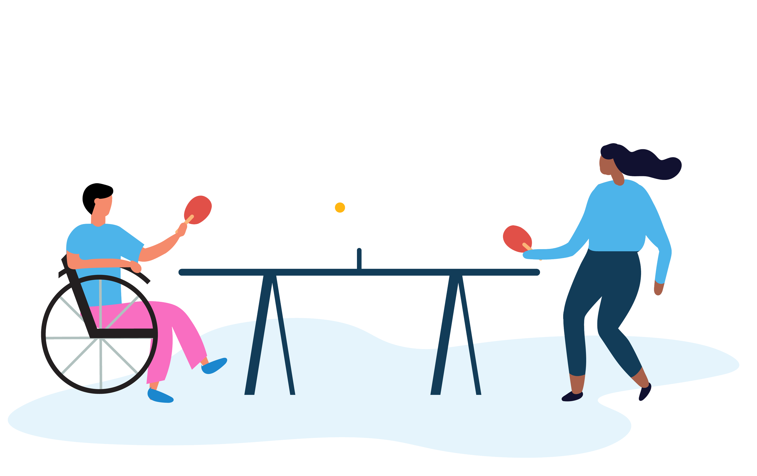 colourful illustration of two people playing ping pong, and one in a wheelchair