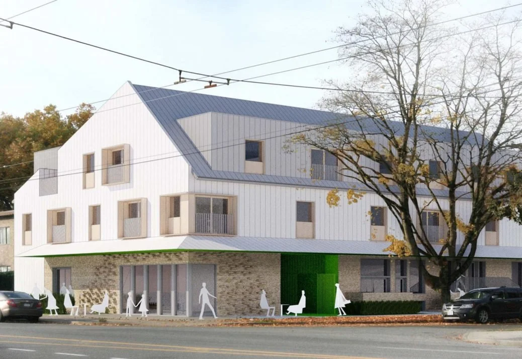 A 3D architectural rendering of a modern multi-story building with white siding, a green accent wall, and paper cut-out figures to simulate human activity.