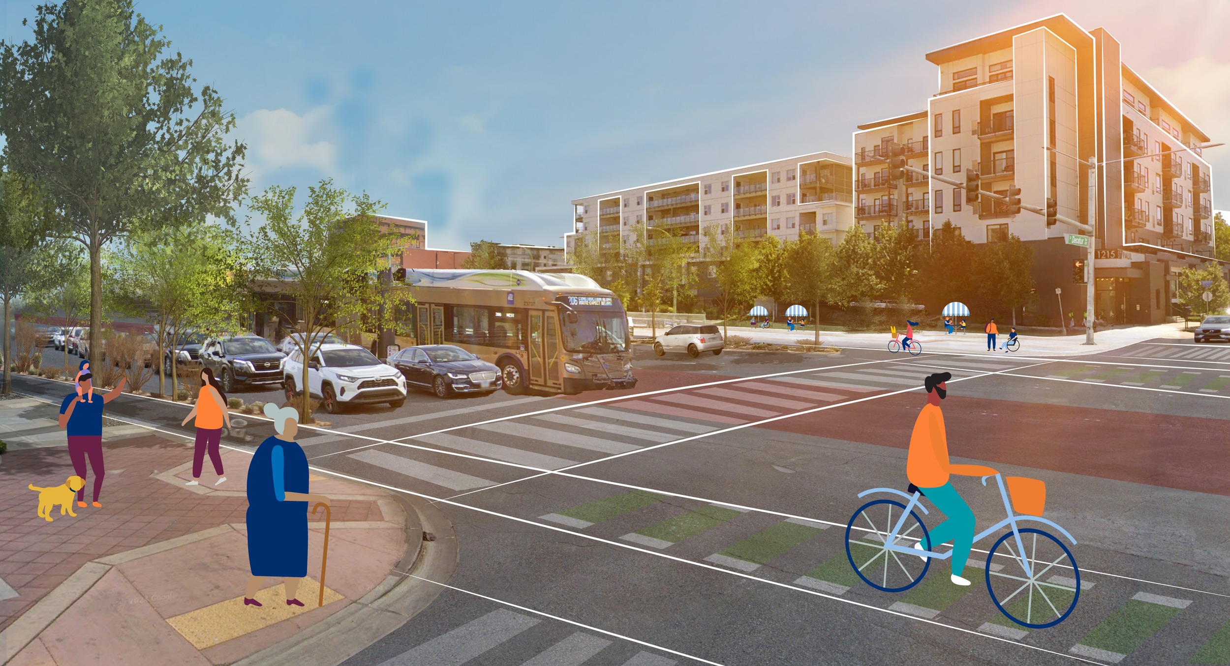 Conceptual rendering of a redevelopment area along a major corridor.