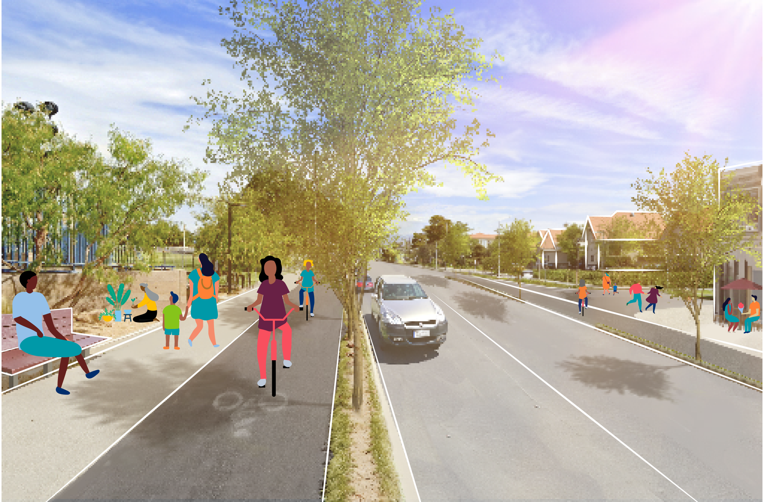 Conceptual rendering of safe paths for walking, rolling, and biking.