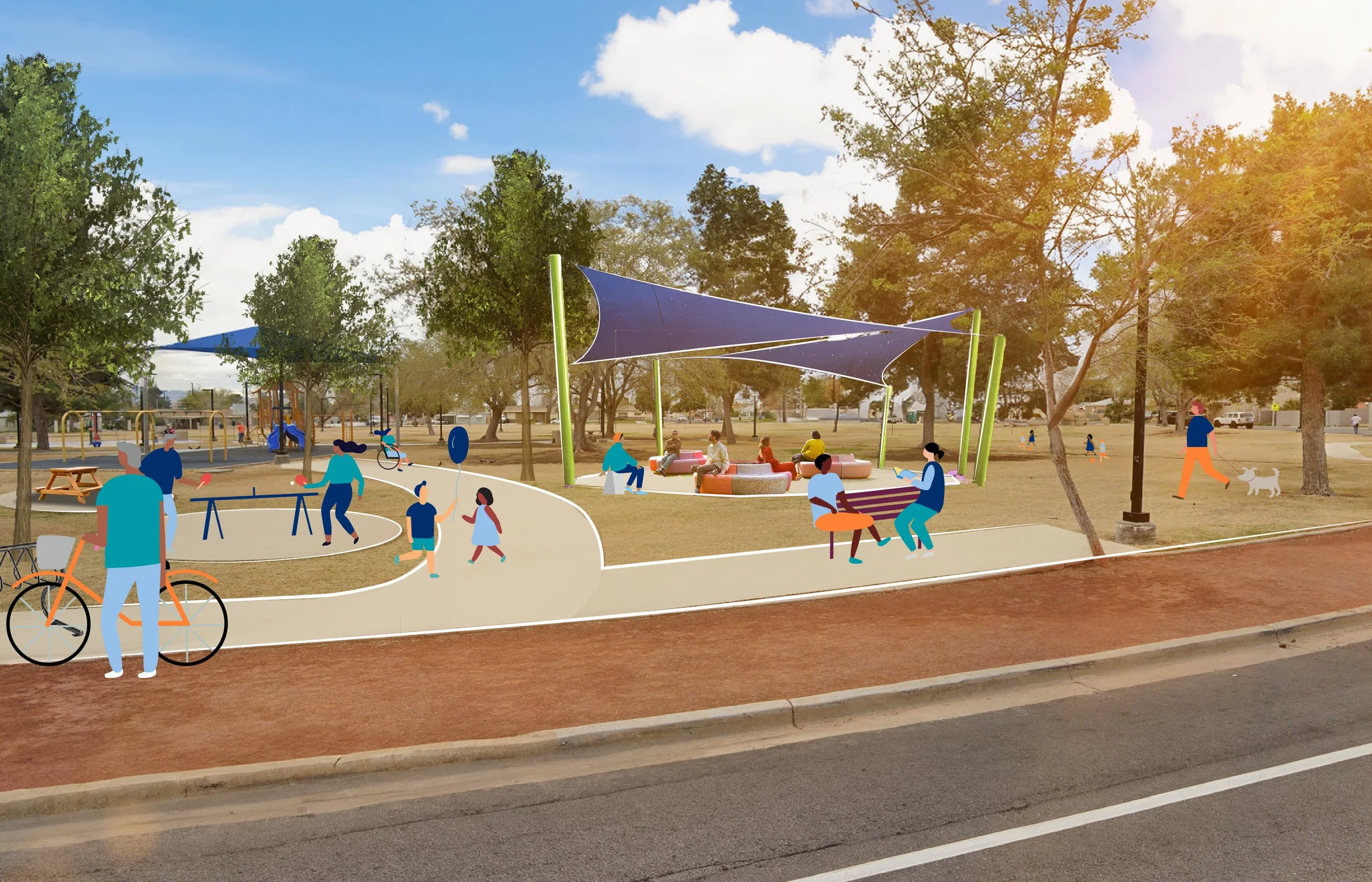 Conceptual rendering of a park with shade, new trees, pathways, seating, and interactive features.