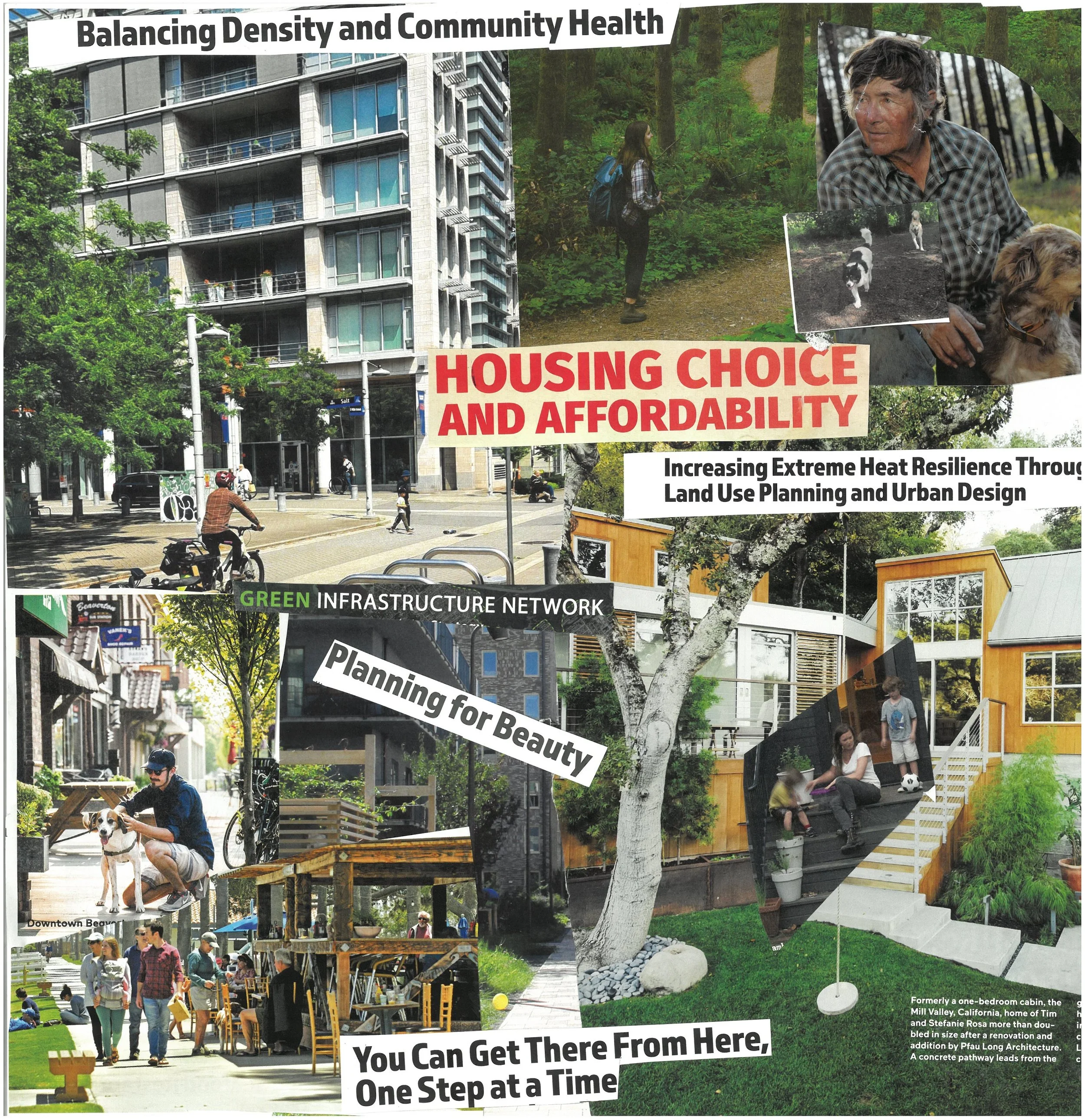  Collage 2. Some notable visual elements: text that reads “housing choice and affordability”; “planning for beauty'“; “green infrastructure network”; “you can get there from here, one step at a time”. Buildings, nature, trees, dogs, outdoor restauran