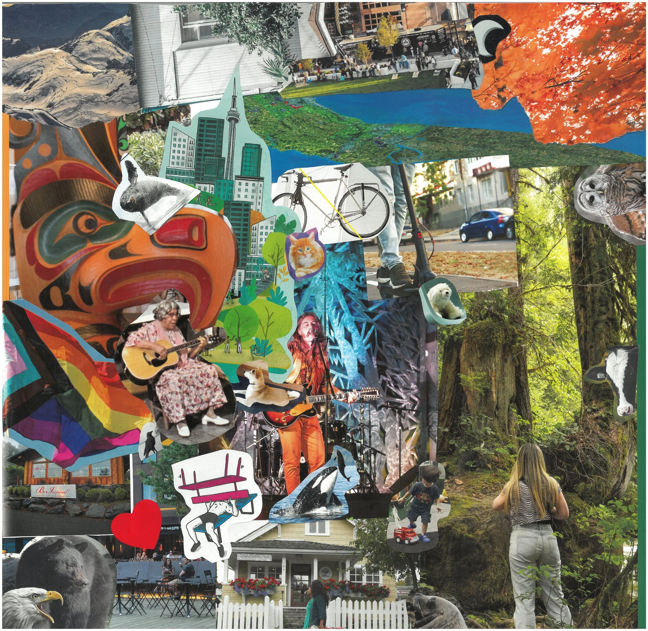  Collage 1. Some notable visual elements: Indigenous art, pride flag, trees, autumn leaves, bicycle, dogs and cats, wildlife, live music, homes. 