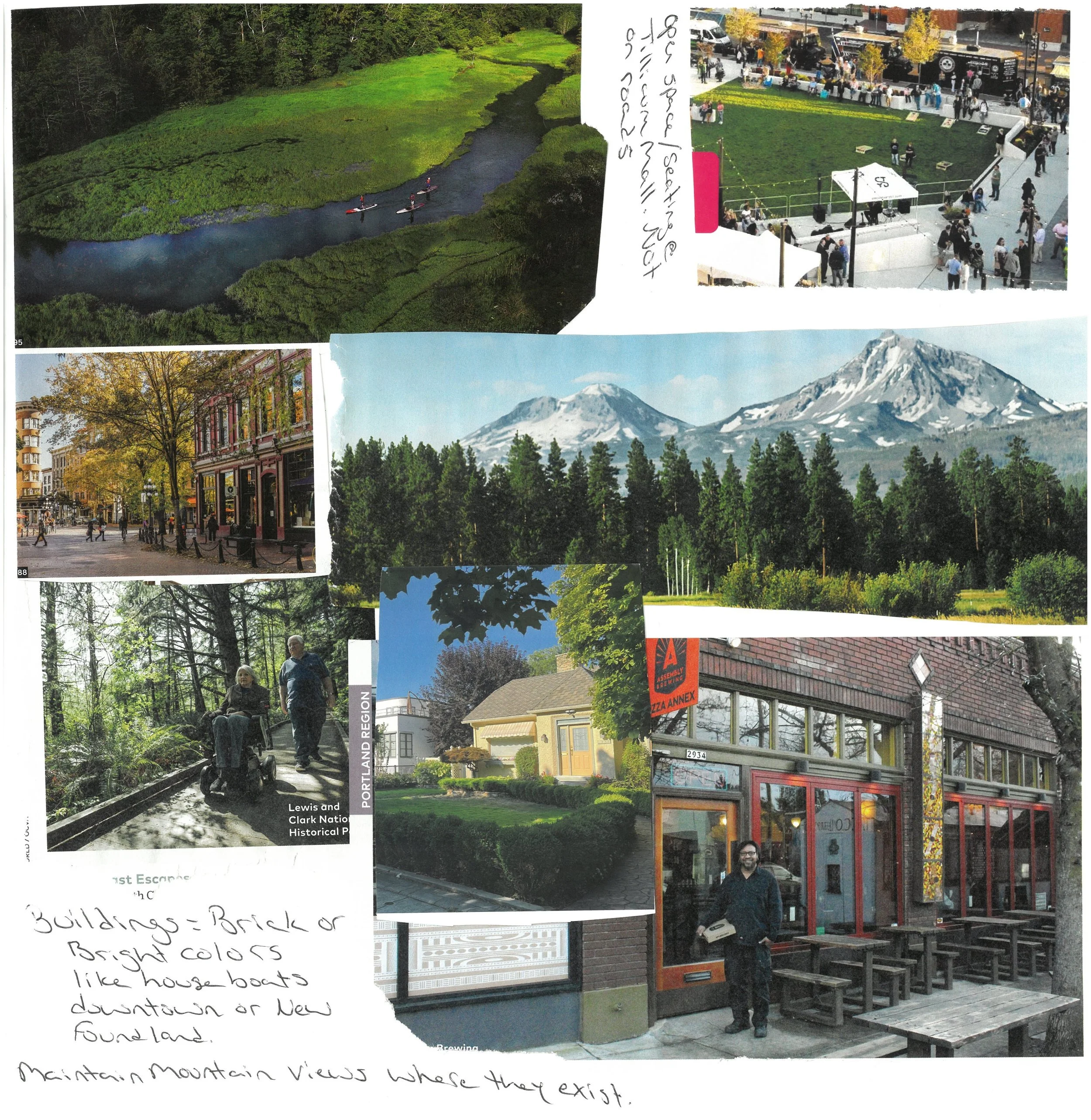  Collage 6. Some notable visual elements: both urban and rural nature — mountains, forest, rivers, trees in the city. Annotations: “maintain mountain views where they exist”.  