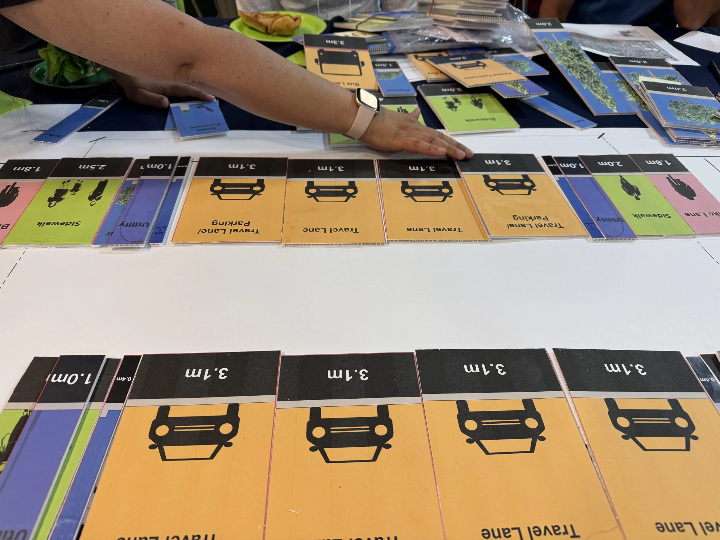  Colourful signs (orange, green, pink, blue) for travel lanes, parking, bike lanes, etc. 