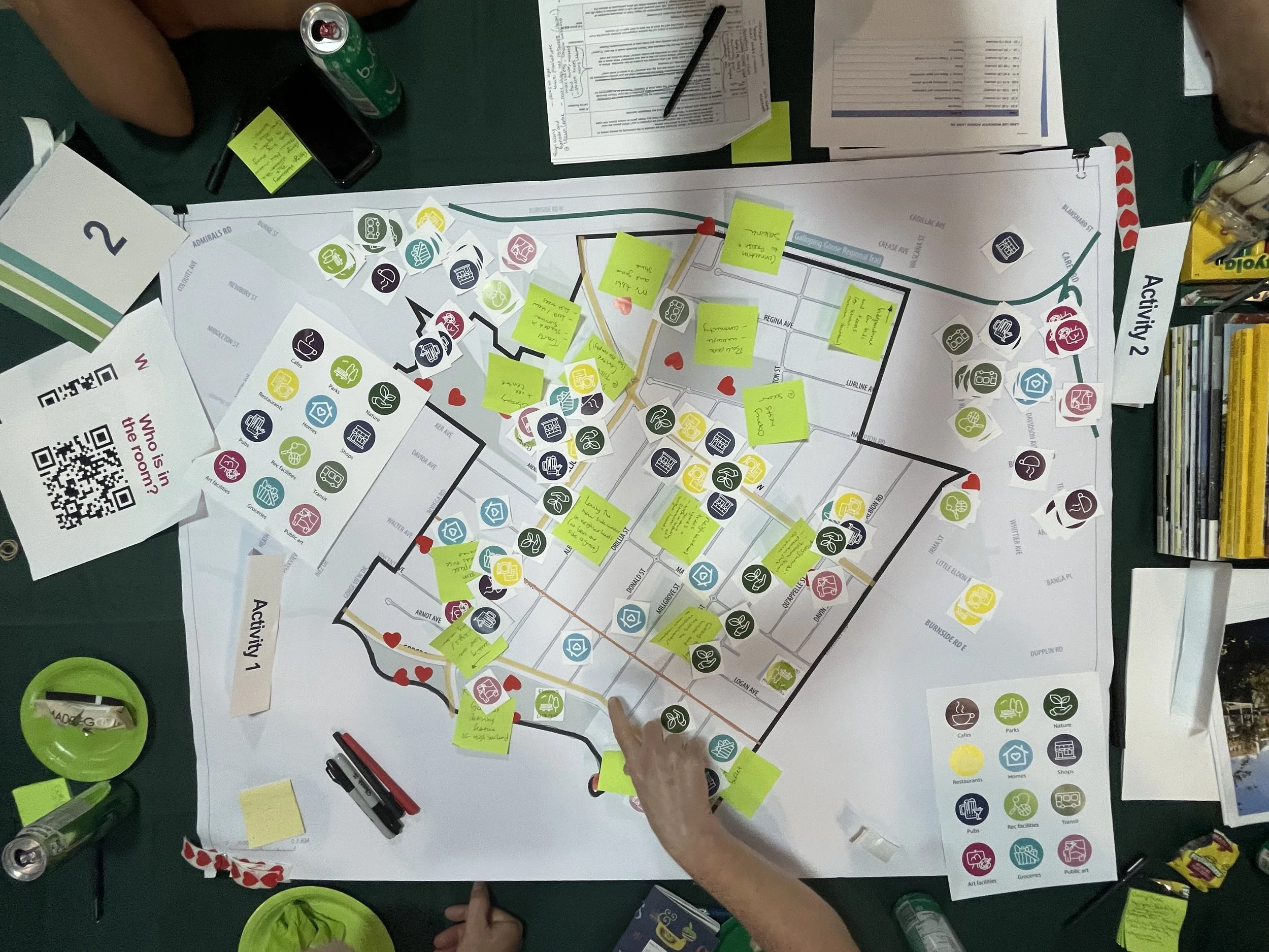  Activity: map of Tillicum with sticky notes, colourful icons for locations/amenities such as homes, restaurants, parks, groceries, etc. 