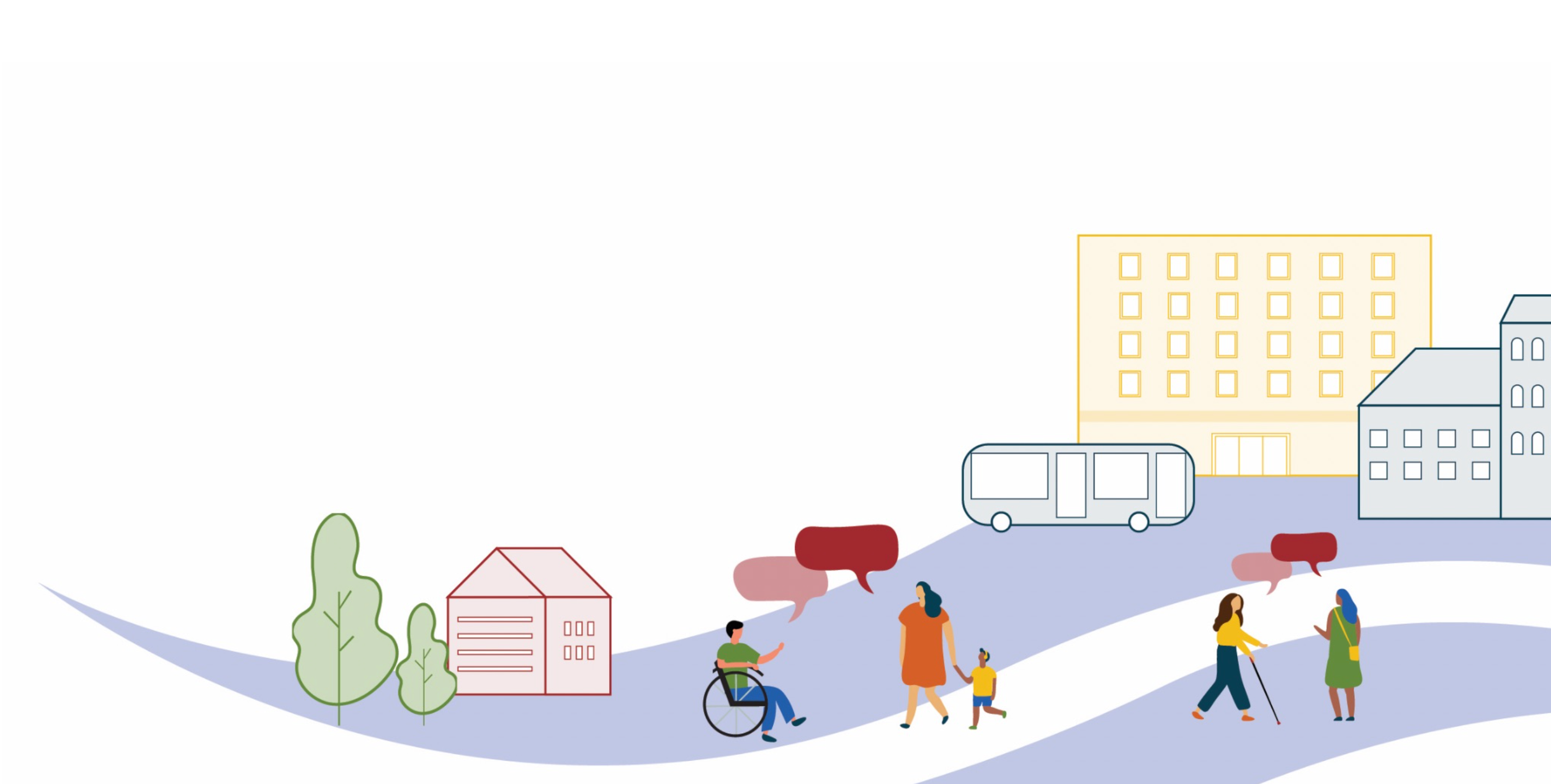 Graphic of people talking with speech bubbles over their heads, houses/apartments, trees, a bus in the background.