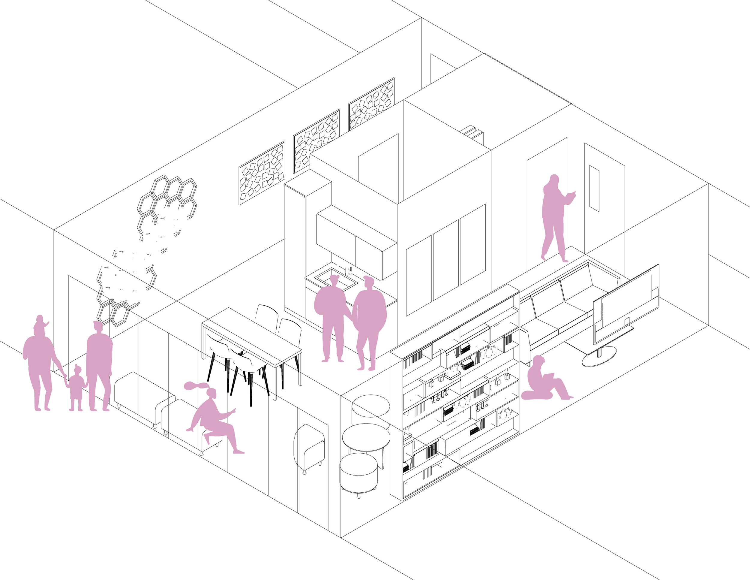 A diagram of a common space: kitchen and dining area, living room area with seating, TV, and bookshelf. Silhouettes of people interacting in all areas, art on walls.