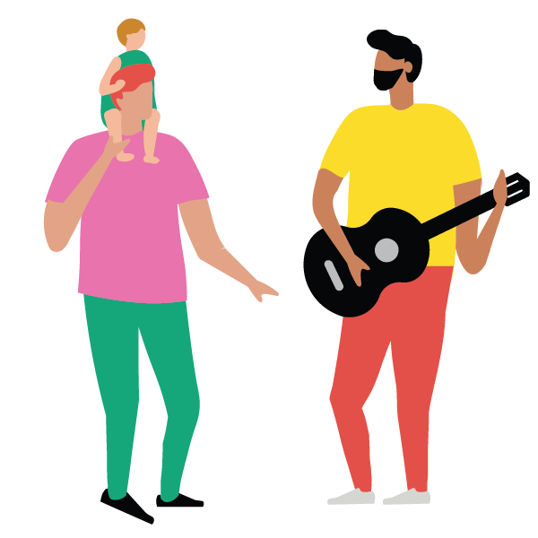 colourful illustration of two people standing together and talking. one plays guitar and the other holds a small child on their shoulders