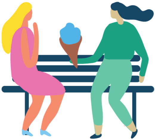 colourful illustration of two women sitting on a bench in public space, with one handing flowers to the other