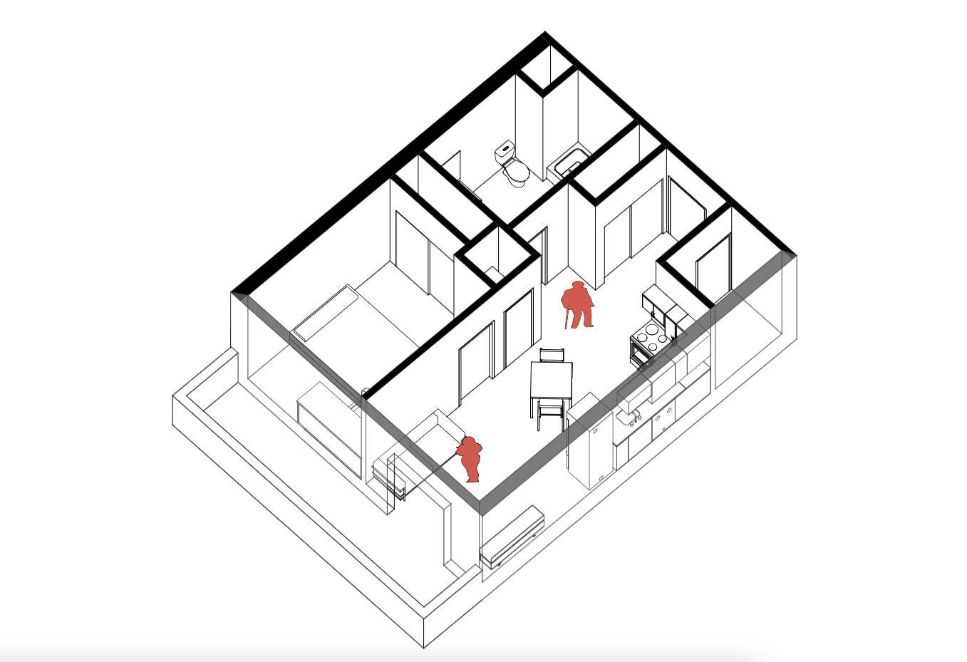 3D diagram of an apartment: a living/kitchen/dining room, bedroom, and washroom, small walk-in closet, and outdoor balcony, with silhouettes of two people.