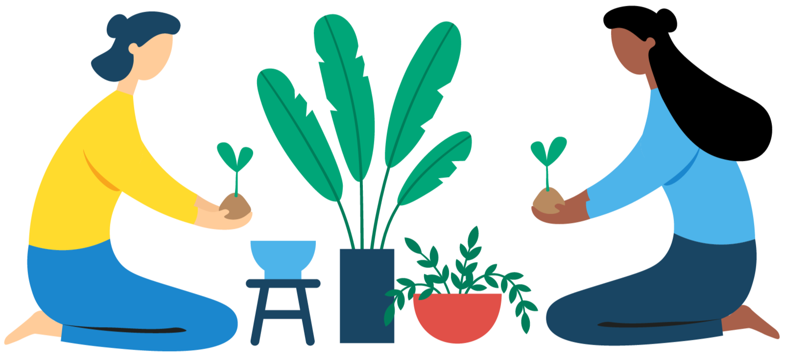 colourful illustration showing two women potting plants together