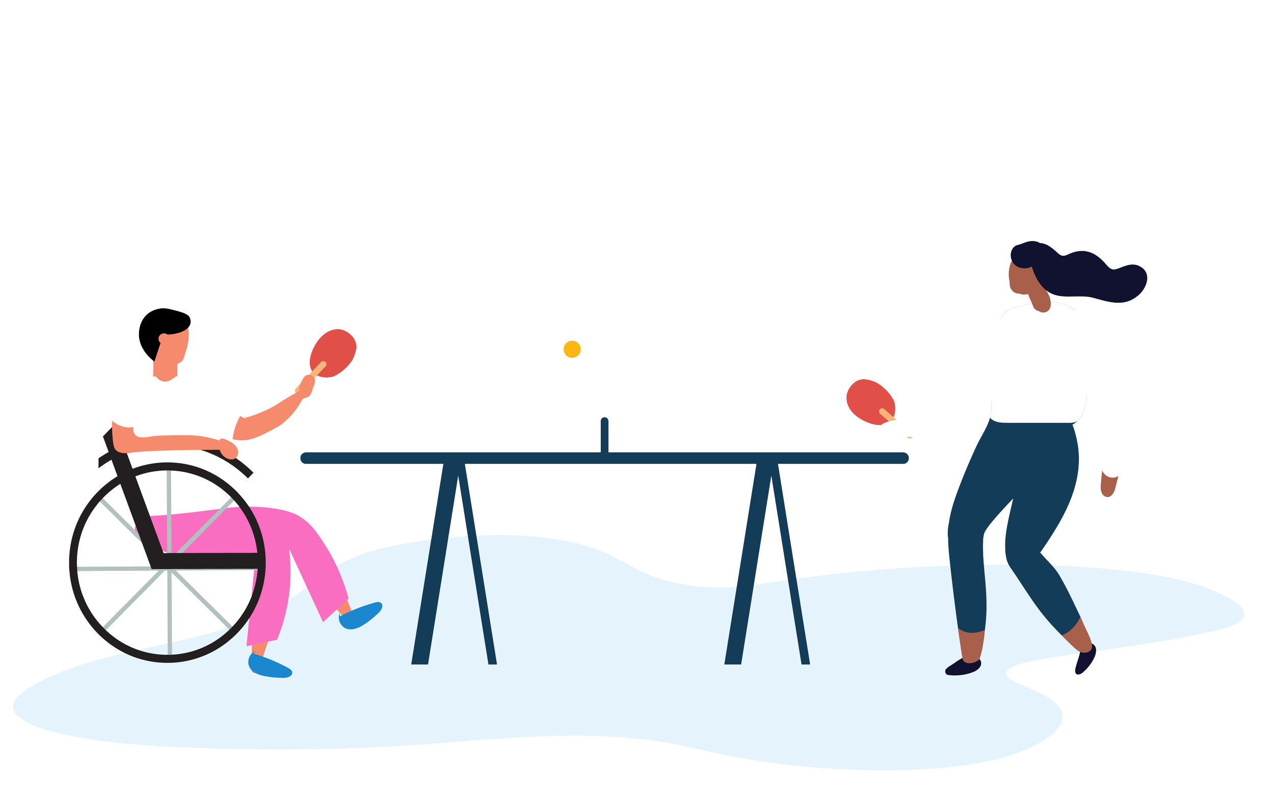 colourful illustration of two people playing ping pong, and one in a wheelchair