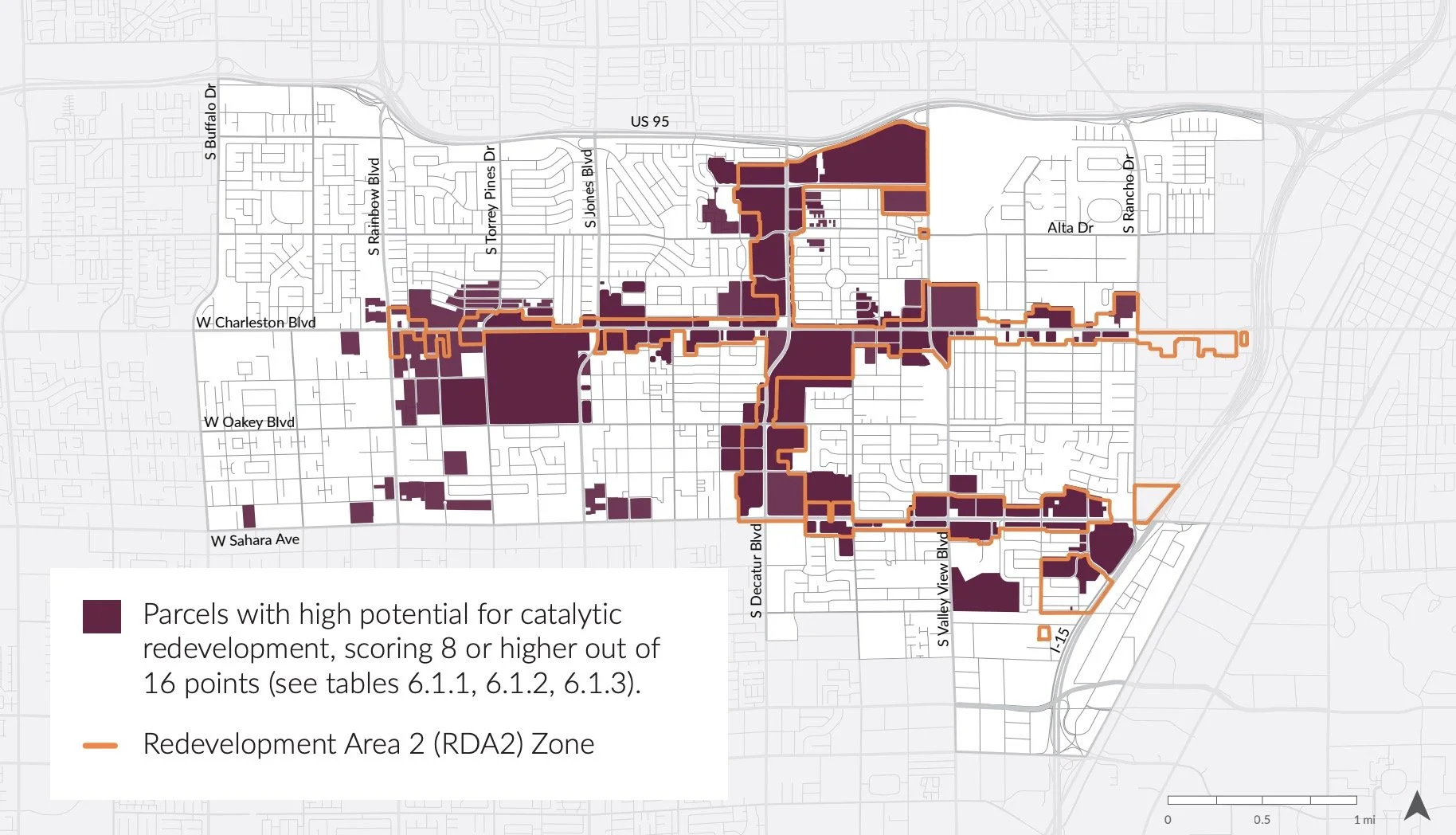 map of the charleston area, showing clusters of catalytic redevelopment areas along major corridors in Charleston. These are areas that score high on a set of criteria for catalytic redevelopment