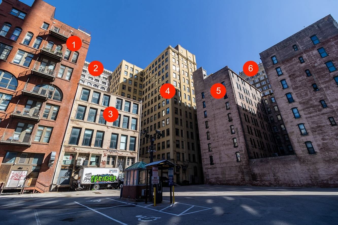 Tenth &amp; Pine
1. Bell Telephone Building
2. Syndicate Trust Buiding
3. &ldquo;The Truman Office Building&rdquo;
4. The Frisco Building
5. The Maryland Hotel (The Mark Twain Hotel)
6. The Paul Brown Building