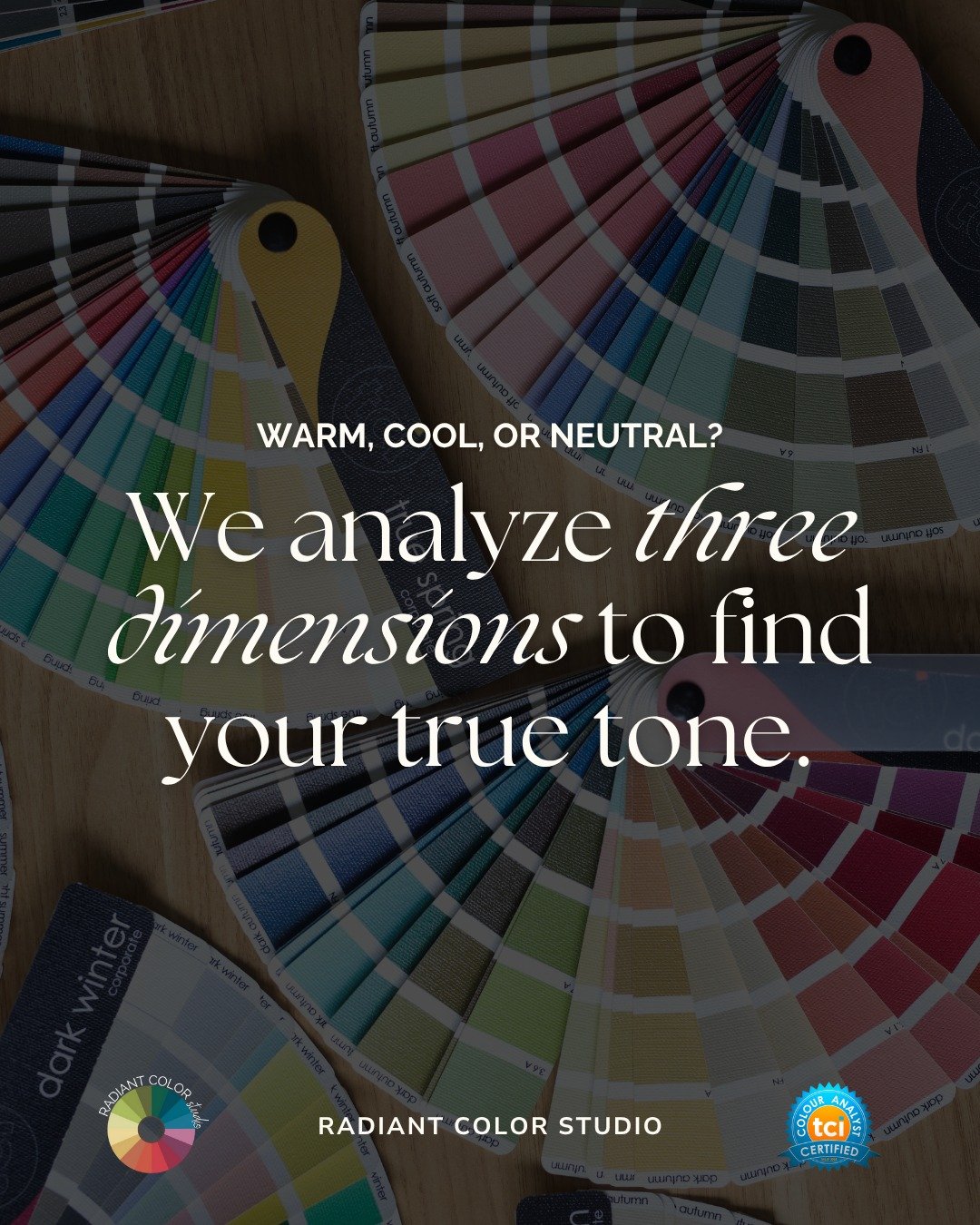 Forget the old 4-season color system.

The True Colour International method goes deeper. Analyzing three dimensions of color: hue, value, and chroma.

🌀 Hue &ndash; warm &harr; cool
🌀 Value &ndash; light &harr; dark
🌀 Chroma &ndash; soft &harr; br