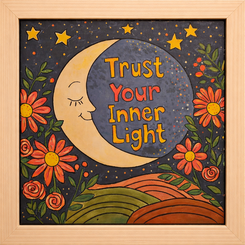 A colorful drawing featuring a smiling moon with closed eyes, surrounded by orange flowers and green leaves, with a dark starry sky in the background. The words 'Trust Your Inner Light' are written in colorful letters in the center.