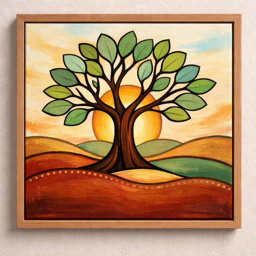 A colorful painting of a tree with green leaves and brown trunk, set against a sunset with rolling hills in warm earth tones.