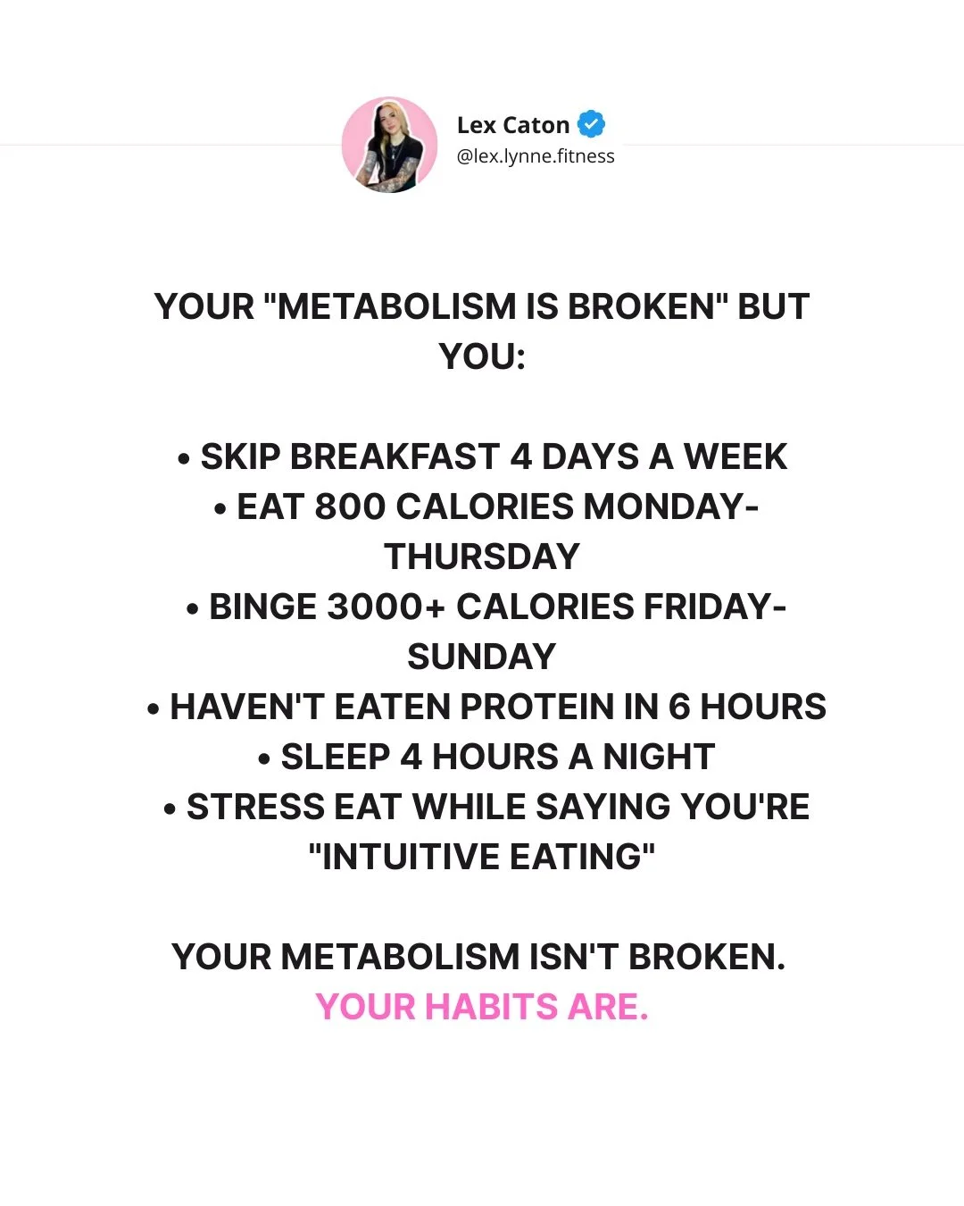 Plot twist: Your metabolism isn&rsquo;t the problem.

I get messages daily from women convinced their metabolism is &ldquo;just broken&rdquo; or &ldquo;naturally slow.&rdquo;

But when we dig into their actual habits? The real story comes out.

You c