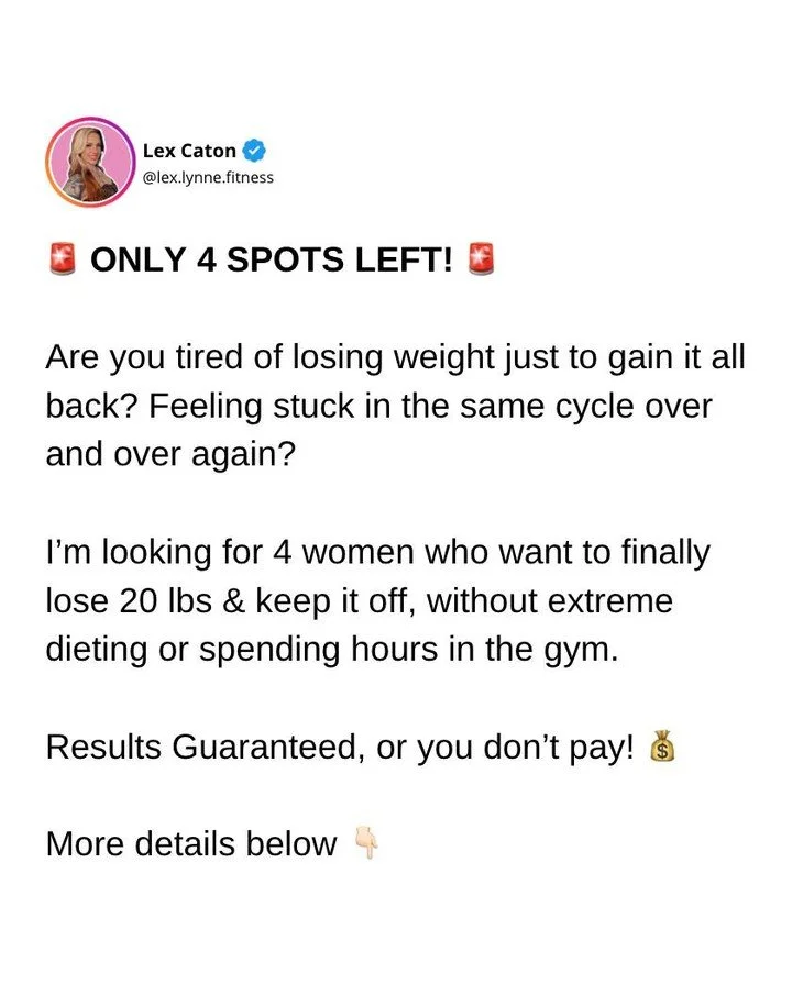 🚨 1 spot already taken. Only 4 left.

I&rsquo;m looking for 4 women who want to lose 20+ lbs in the next 6 months without:

❌ Cutting out their favorite foods
❌ Spending hours doing cardio
❌ Living on low calories

And this time&hellip; the results 