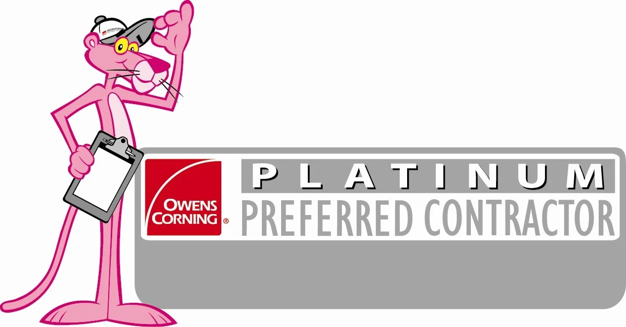 Cartoon pink panther character wearing a hat and glasses, holding a clipboard, standing next to a sign that says 'Owens Corning Platinum Preferred Contractor'.