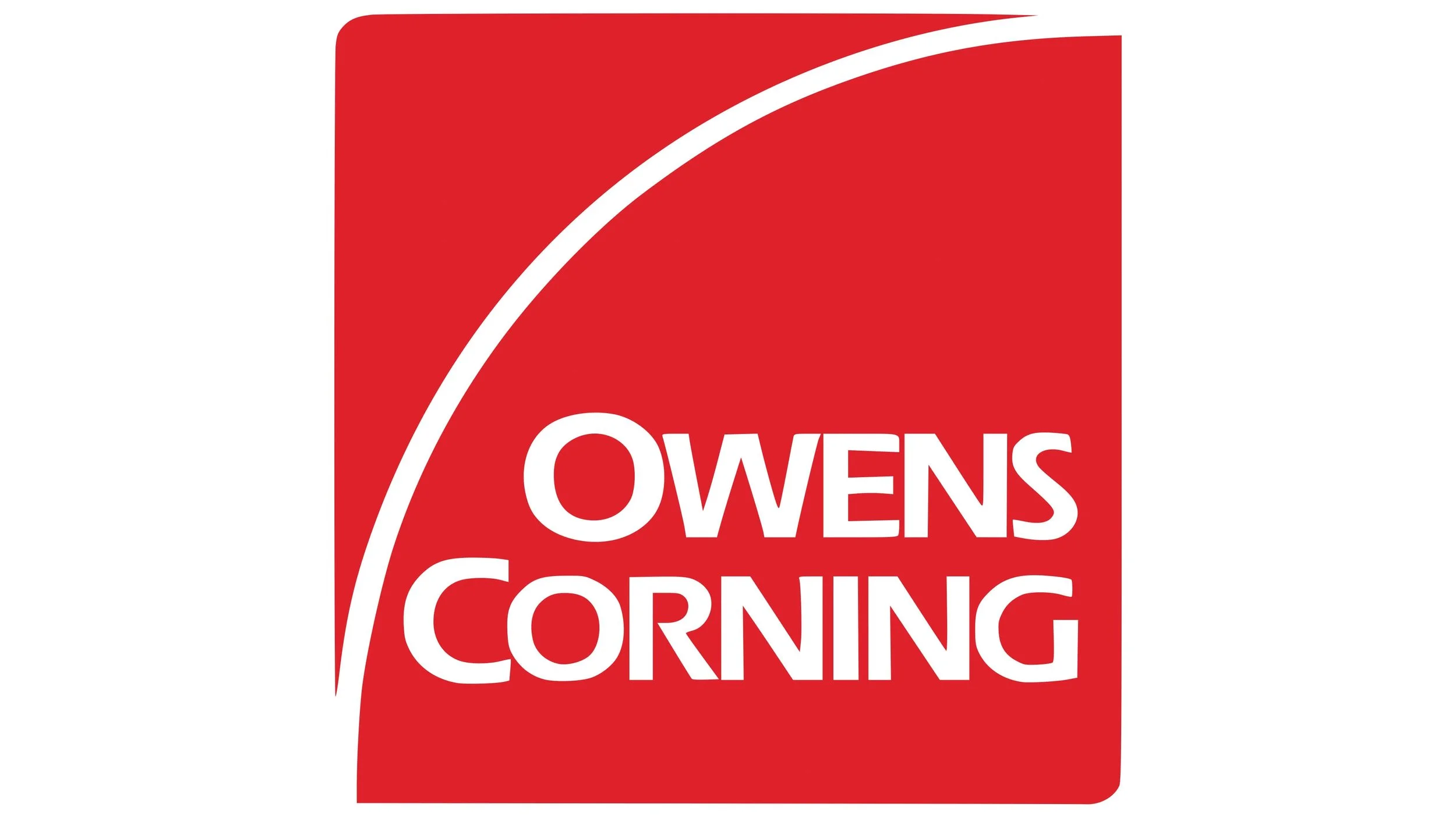Red background with white curved line and white text that reads "Owens Corning".