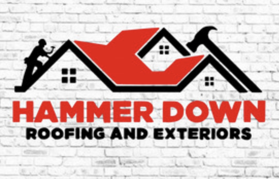 Logo for Hammer Down Roofing and Exteriors featuring a black silhouette of a worker on a roof, black and red house image, a hammer, and the company name in bold red and black text.