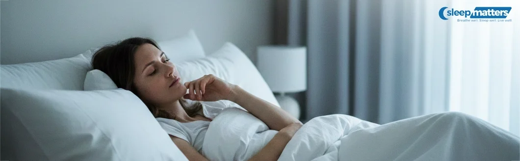 Woman lies awake in bed in a dim bedroom, showing tiredness and disrupted rest linked to sleep apnoea.