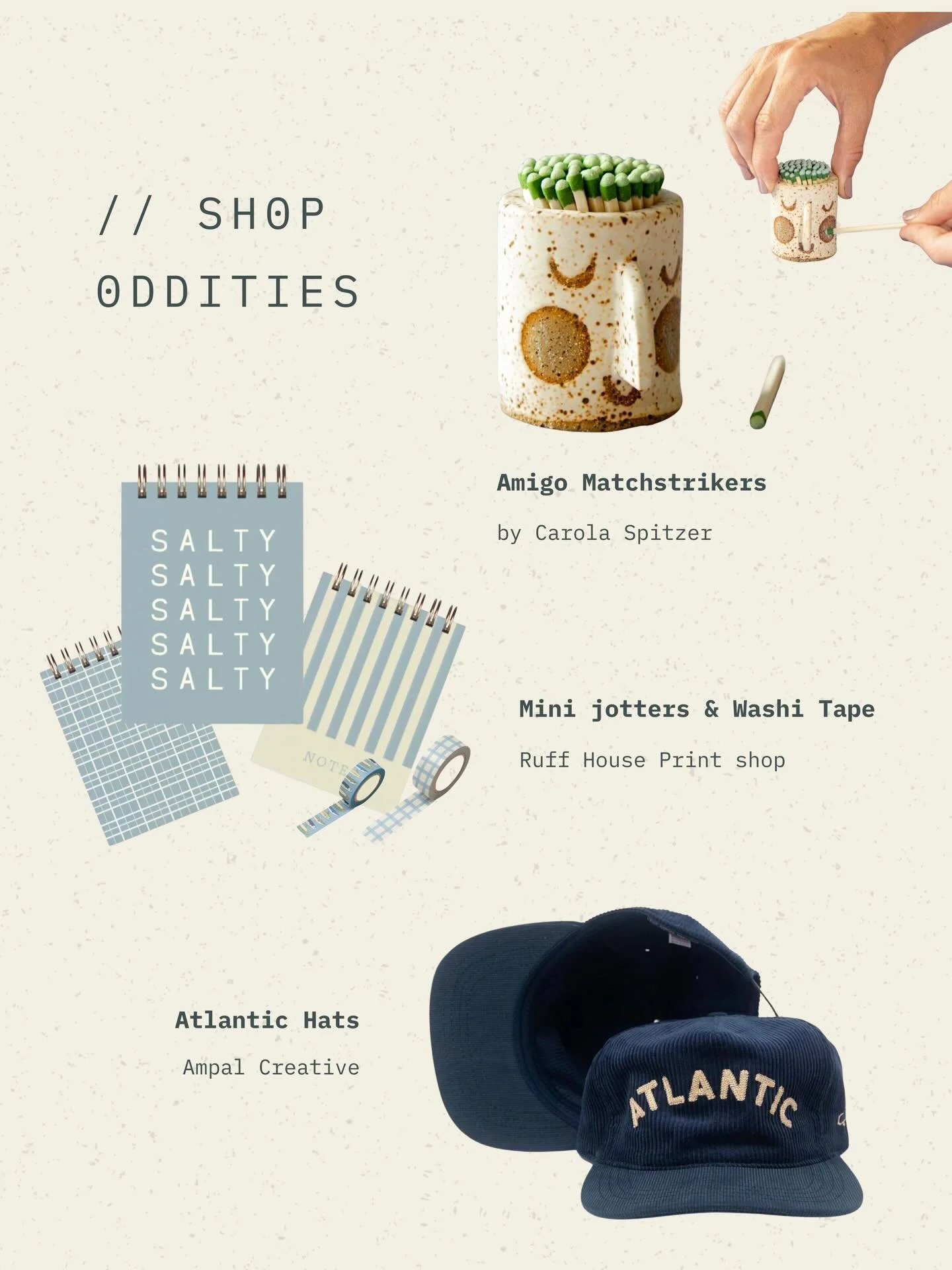 Check out some of the oddities I brought into our shop for the holidays 🥹 
shop online or at the Live Freely Market 
&mdash;&mdash;&mdash;
Amigo Match strikers made by @carola_spitzer in Brooklyn NY!
Mini jotters and other stationary by @ruffhousepr