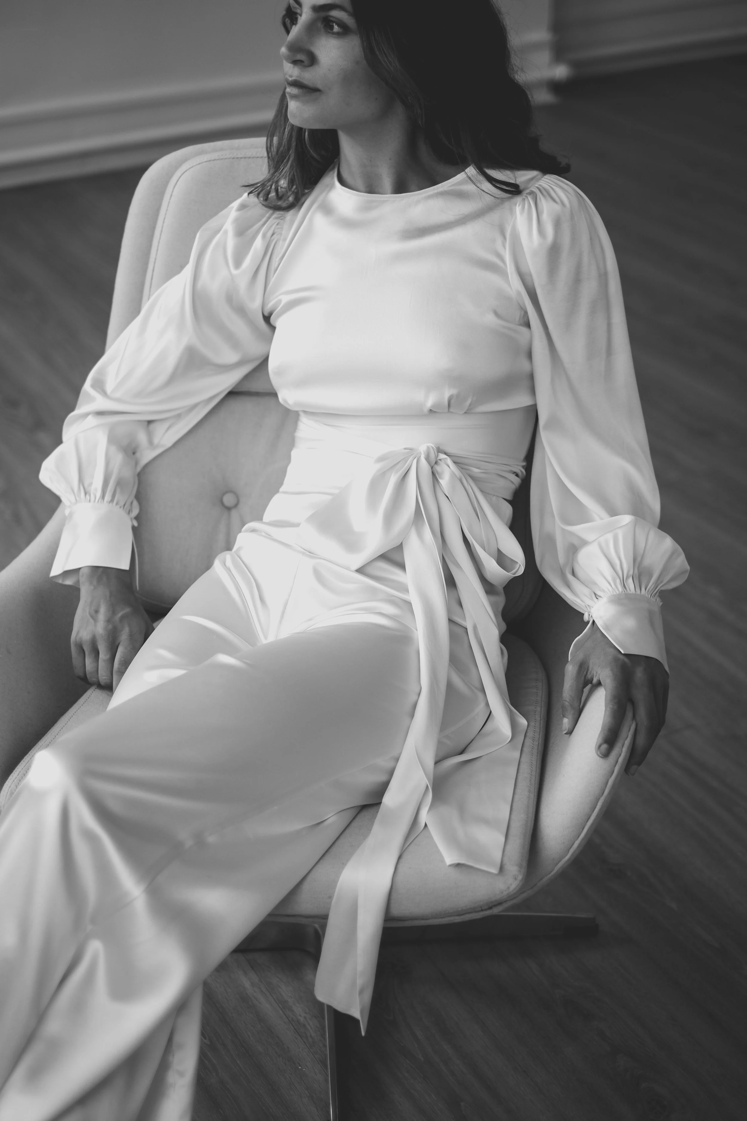 Long sleeved satin Laurie bridal top from Unbridled studio, paired with satin trousers