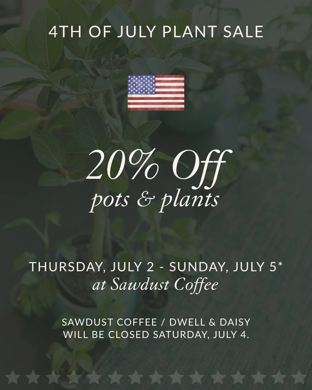 Plants and pots are on sale this holiday weekend. 🪴 Join us for our 4th of July Plant Sale and get 20% off pots and plants July 2&ndash;5 at Sawdust Coffee. *Closed Saturday, July 4.* Happy 250th, America! 

#yeahthatgreenville #greenvillesc #visitg