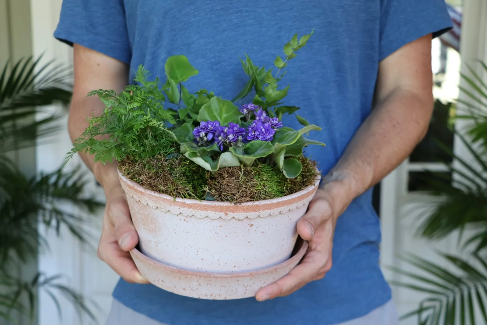 A man holding a clay pot with moss and plants inside, which you can find at our plant shop Greenville SC.