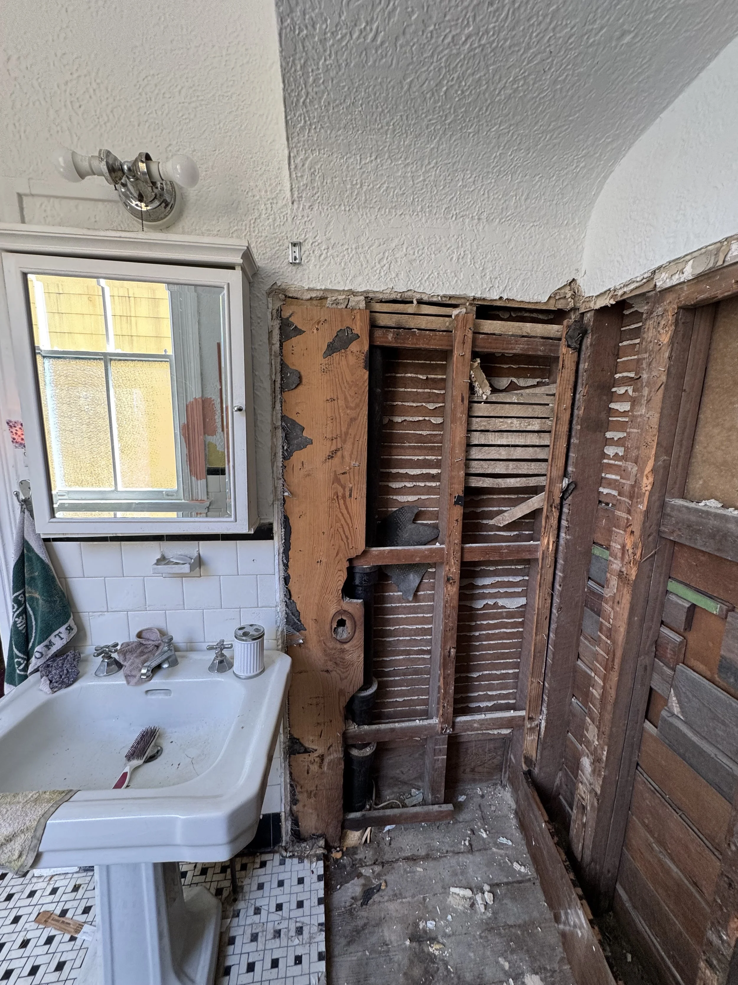 Bathroom demolition exposing wall framing for shower remodel and waterproofing preparation in New Orleans home