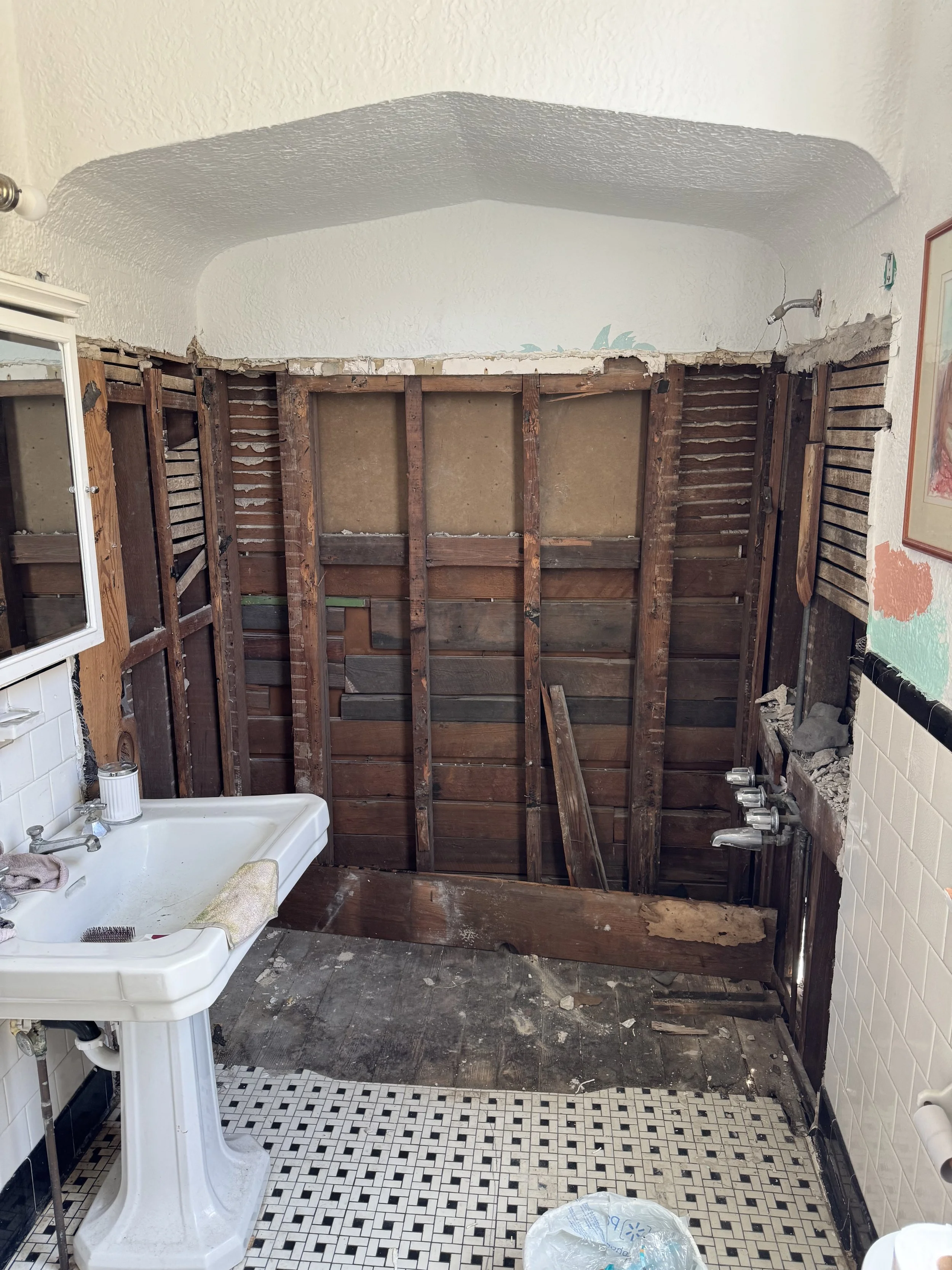 Bathroom demolition exposing wall framing for shower remodel and waterproofing preparation in New Orleans home
