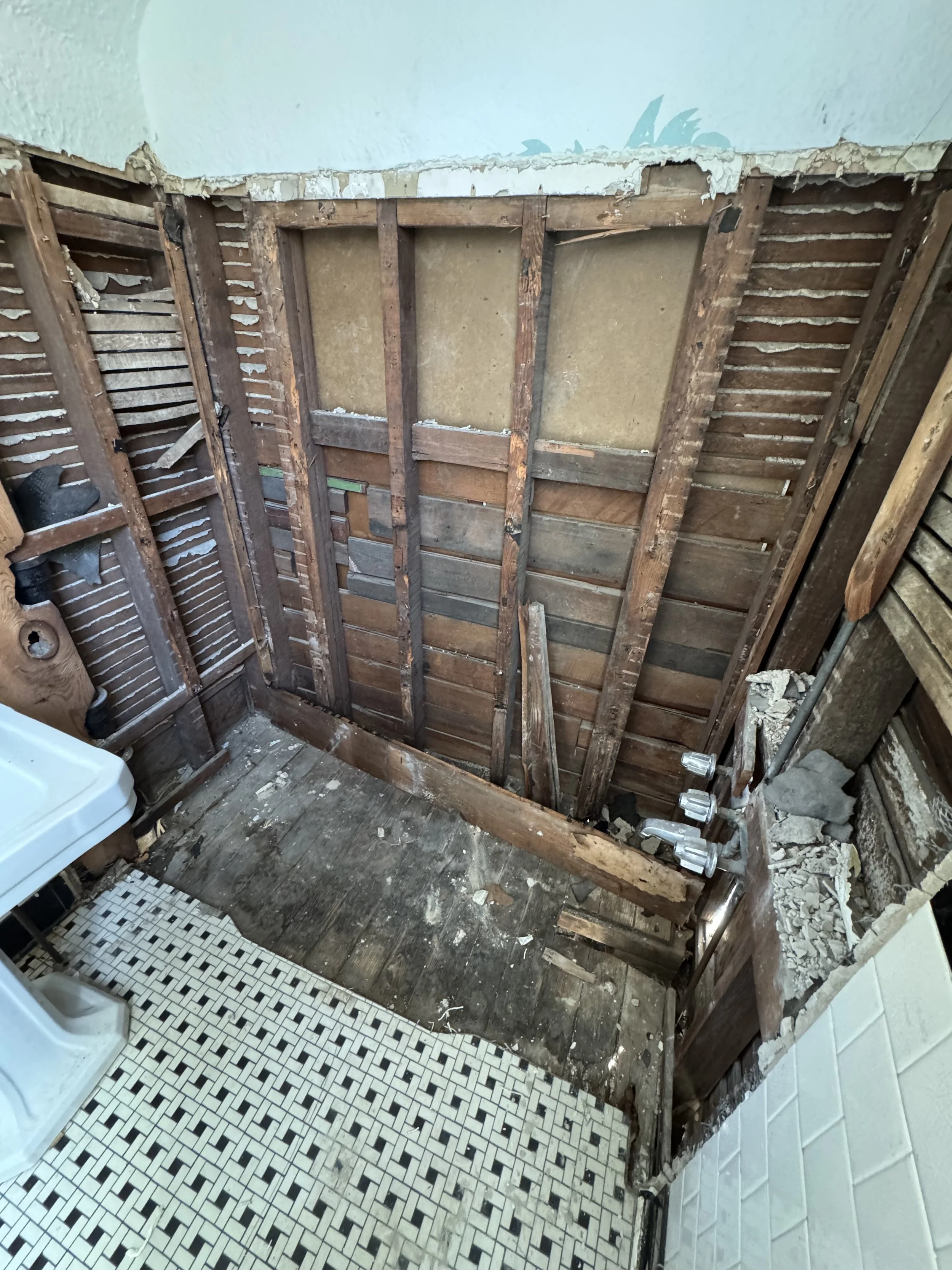 Bathroom demolition exposing wall framing for shower remodel and waterproofing preparation in New Orleans home