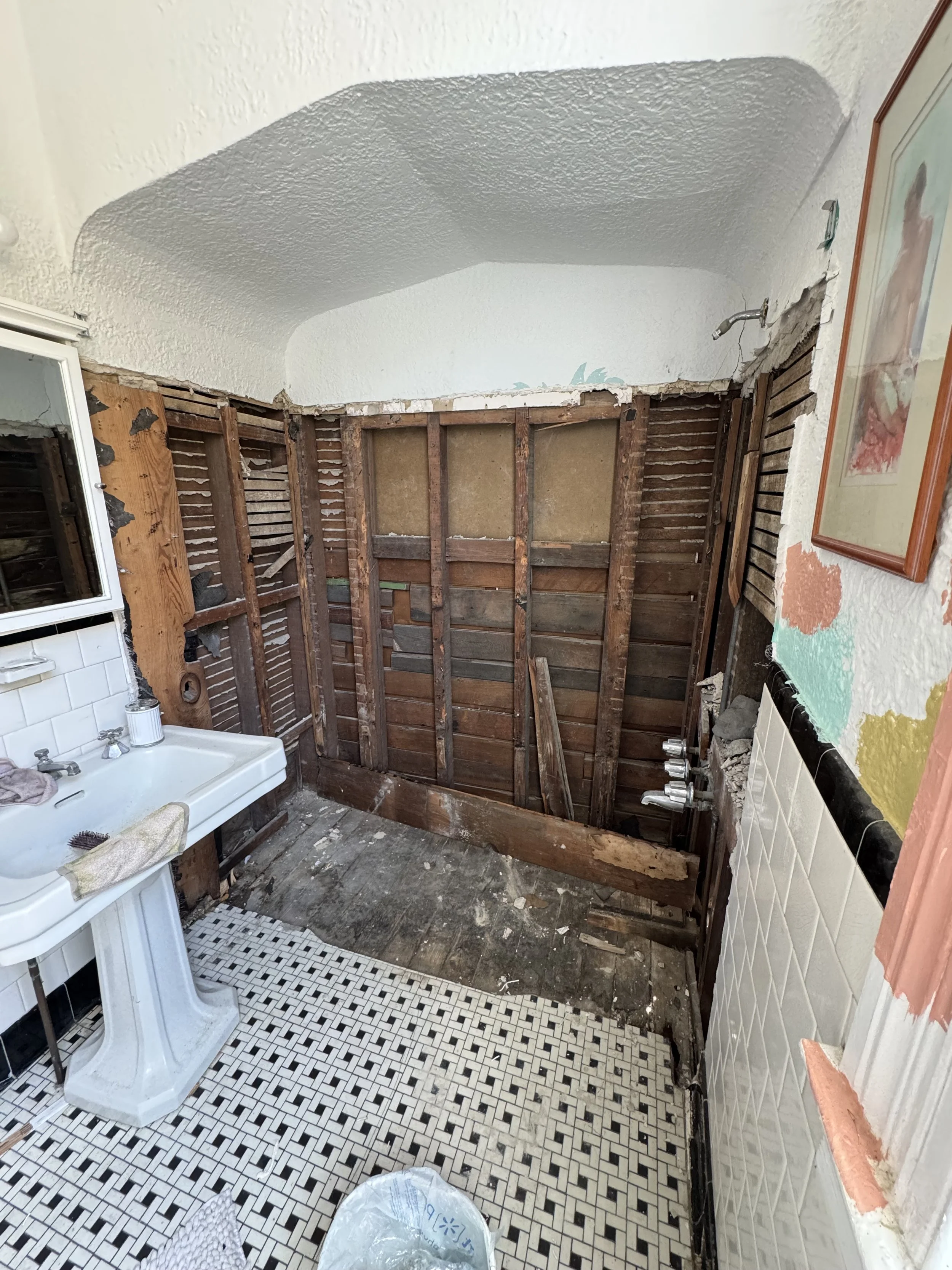 Bathroom demolition exposing wall framing for shower remodel and waterproofing preparation in New Orleans home
