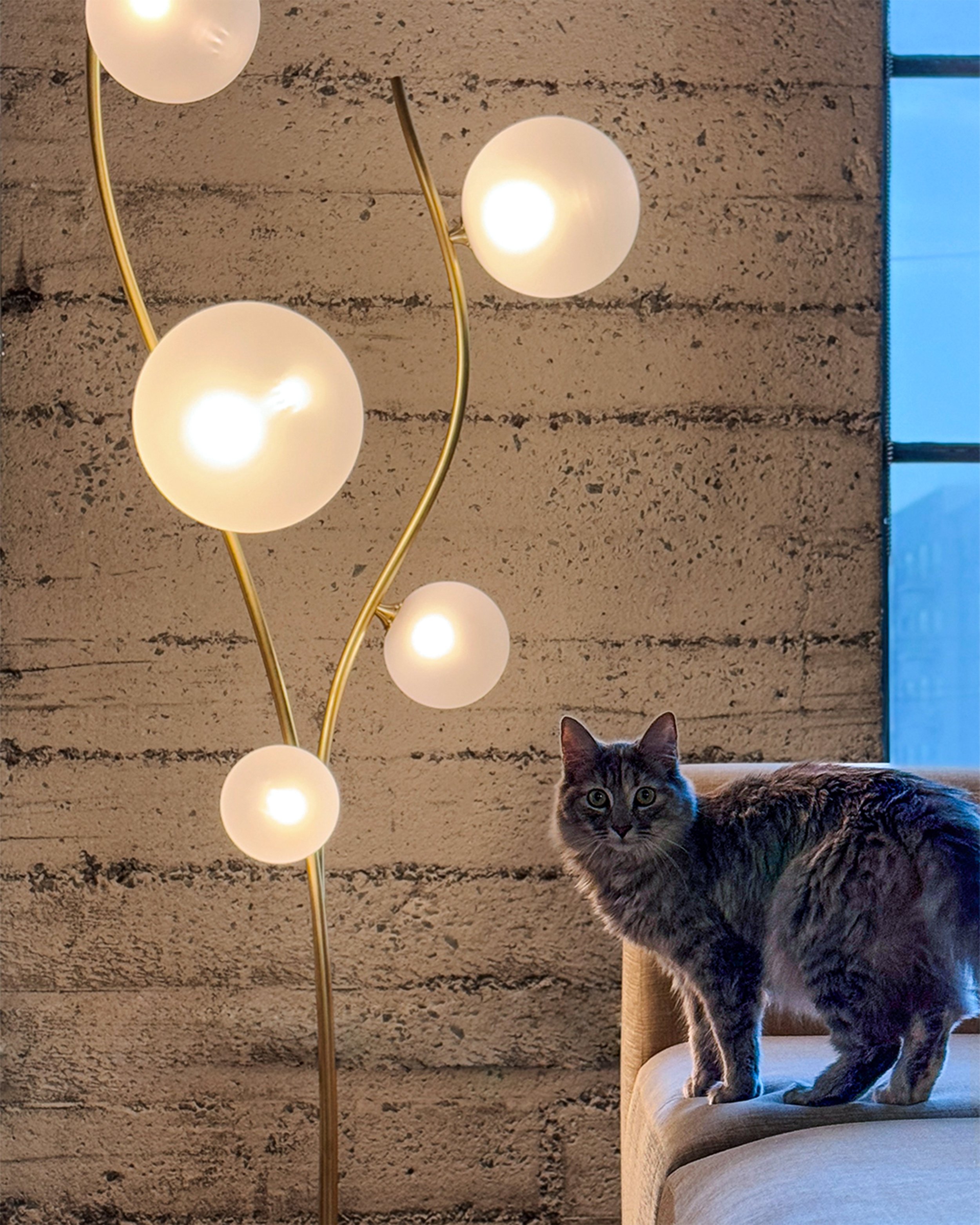 Fibonacci Floor Lamp by Neptune Glassworks—sculptural brass floor lamp with hand-blown glass globes arranged in rising arcs, inspired by natural growth and the Fibonacci sequence. Handcrafted in Los Angeles.