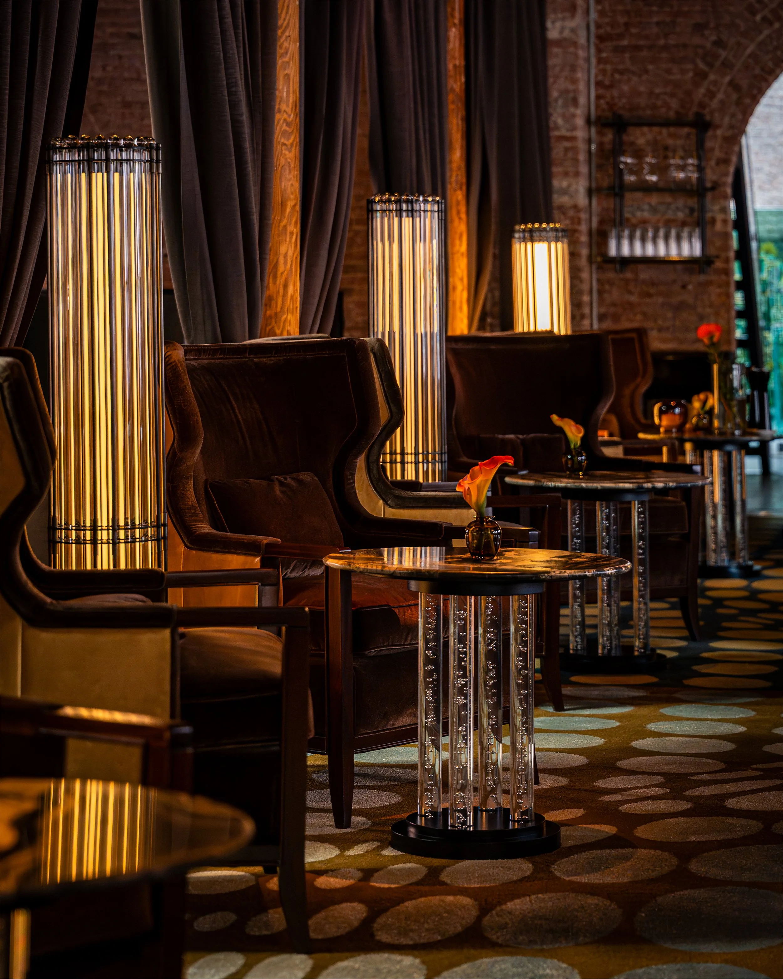 Tower Floor Lamps by Neptune Glassworks for Zero Bond Club in New York City.