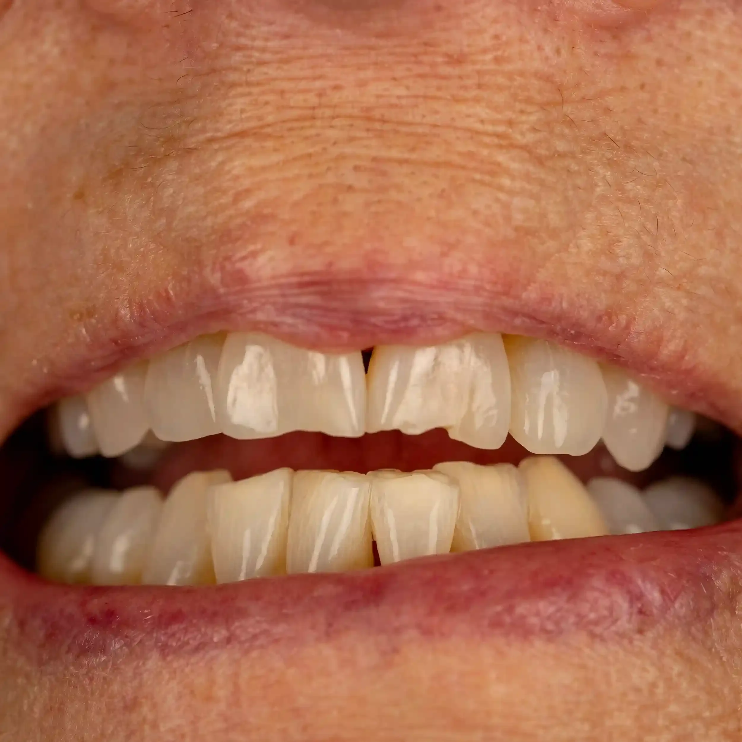 Close-up of a person's mouth showing teeth, gums, tongue, and surrounding skin.