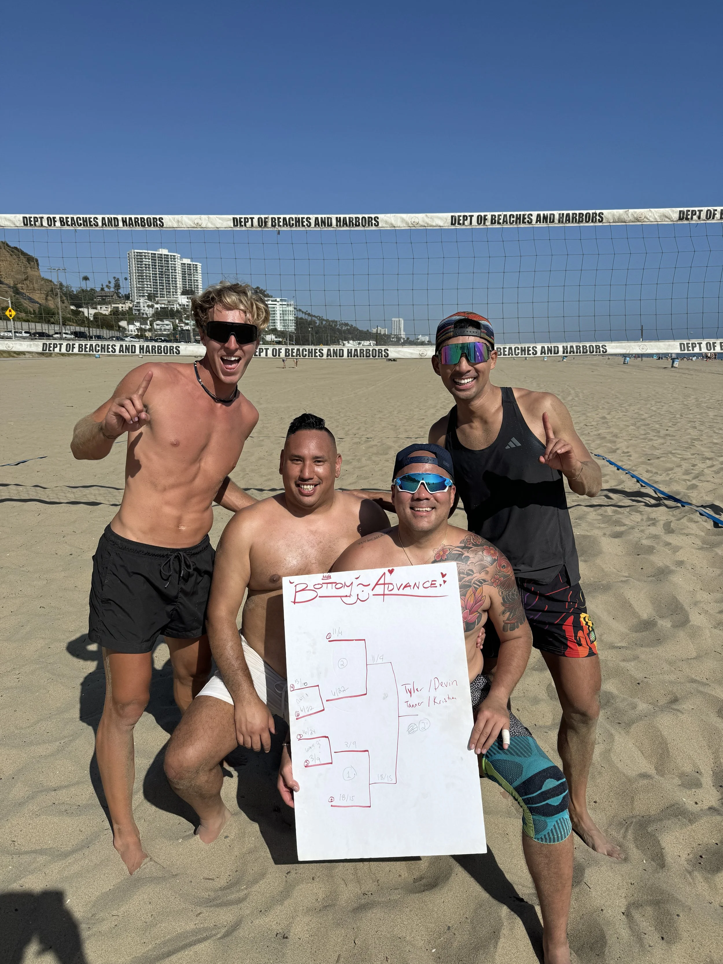 Four men on a sandy beach holding a tournament bracket poster, celebrating a victory. Behind them, a volleyball net with 'Dept of Beaches and Harbors' written on it, and a cityscape with tall buildings. The sky is clear and blue.