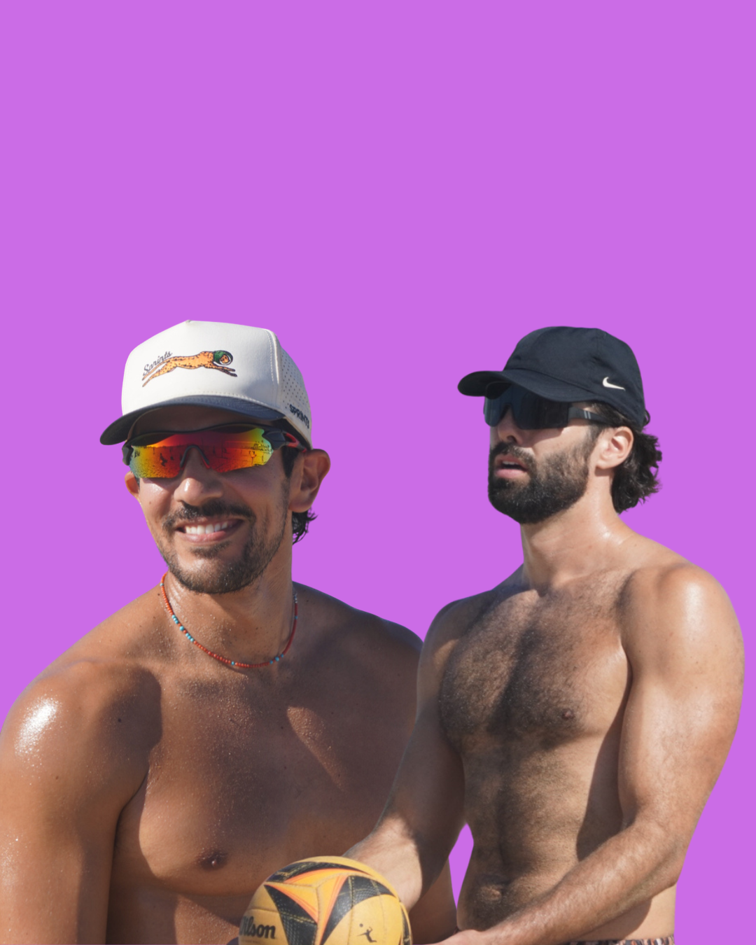 Close-up of a shirtless person holding a volleyball on a beach.