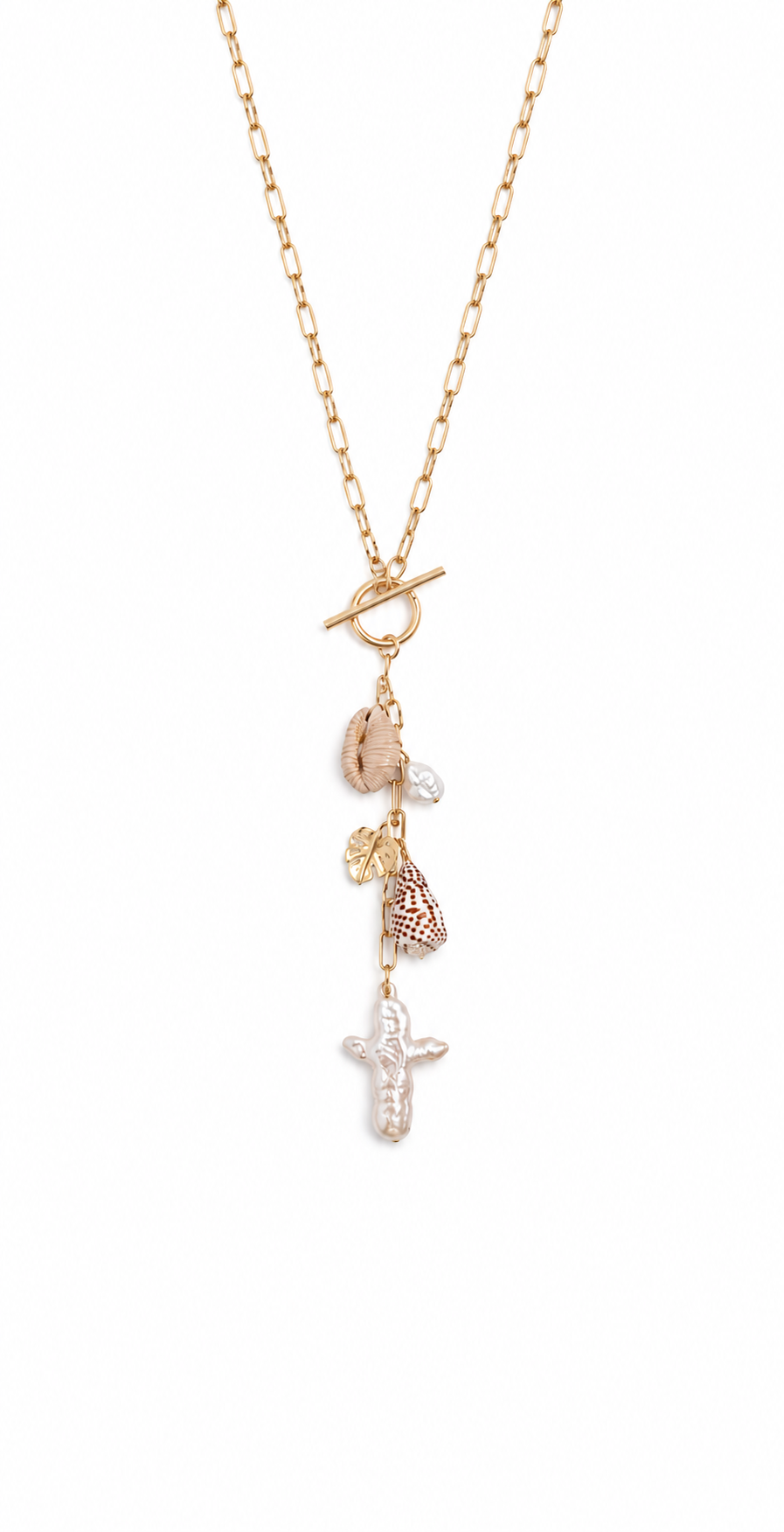 Pearl Cross + Shell Charm Lariat Front Toggle Necklace