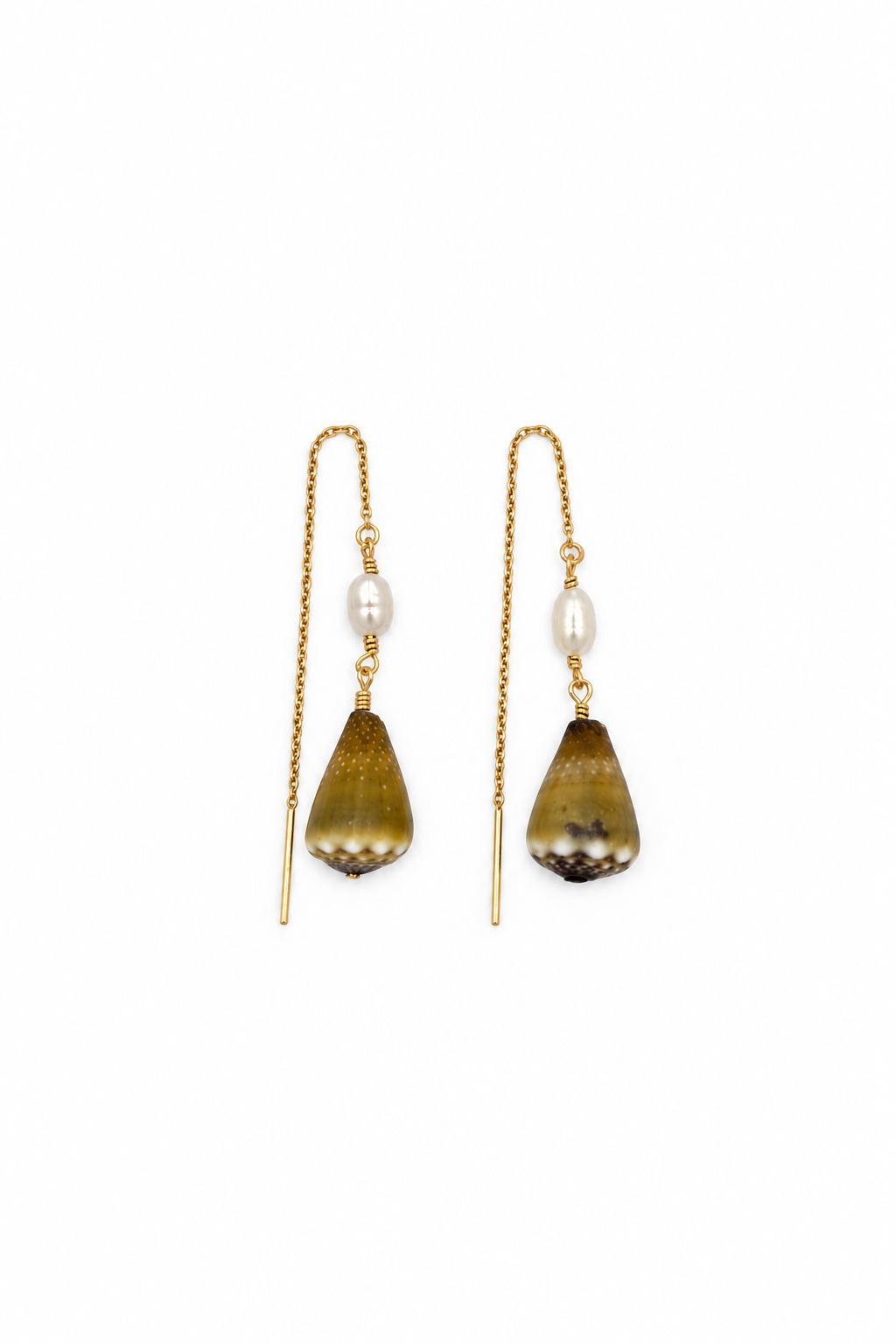 Mini Shell Threaders — Olive Cones + White Keshi