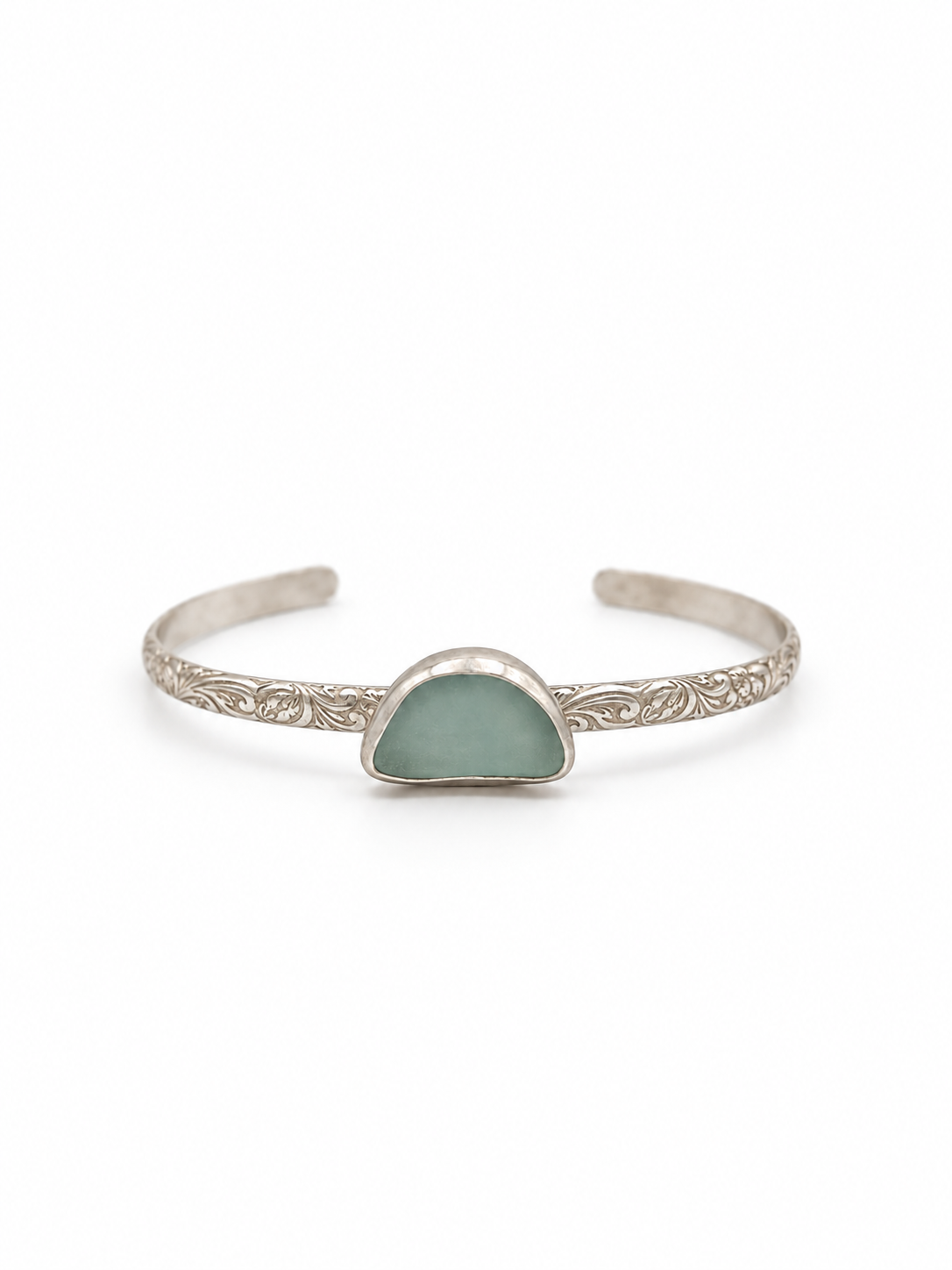 Bezeled Teal Blue Sea Glas Heirloom Floral Cuff