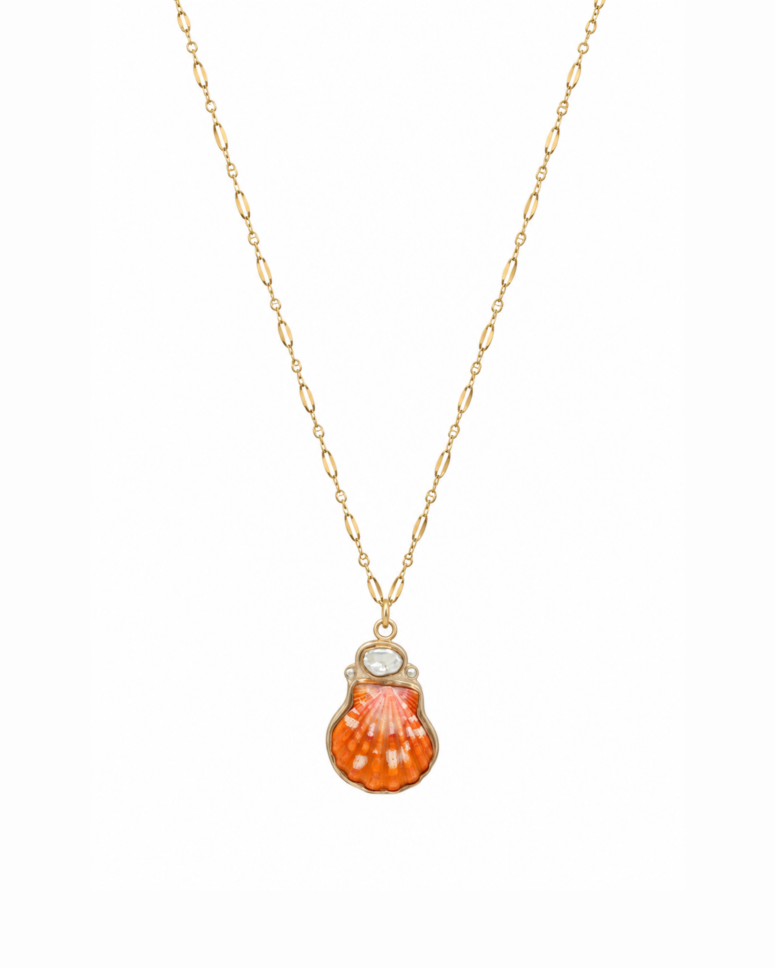 Bezeled Orange-Red Sunrise Shell & White Keshi Necklace
