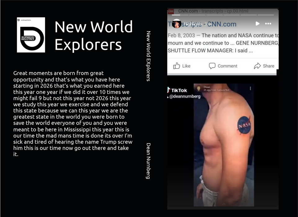 A social media post for 'New World Explorers' features a black background with white text. On the right side, there are screenshots of posts, including one of a shirtless man with a NASA logo tattoo on his shoulder. The left side contains a motivational message emphasizing opportunities, perseverance, and unity. The title 'New World Explorers' is displayed prominently.