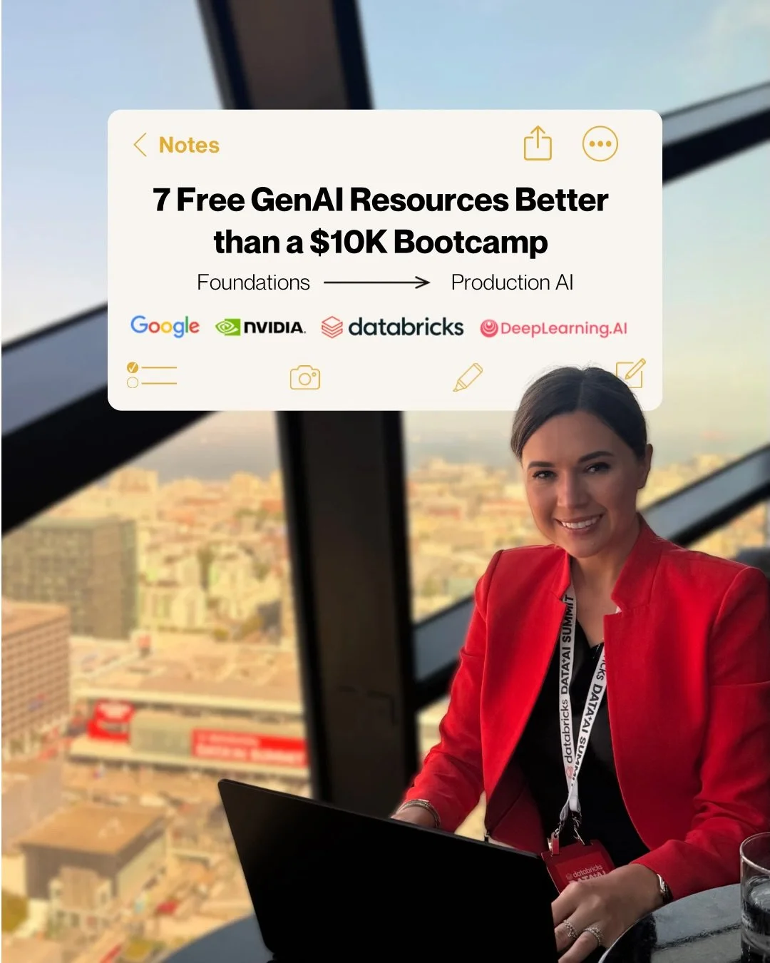 7 free GenAI resources better than a $10K bootcamp &darr;

Stop paying thousands for outdated bootcamps with generic curriculum.

These 7 free resources from Google, NVIDIA, Databricks, and DeepLearning.AI will take you from foundations to production